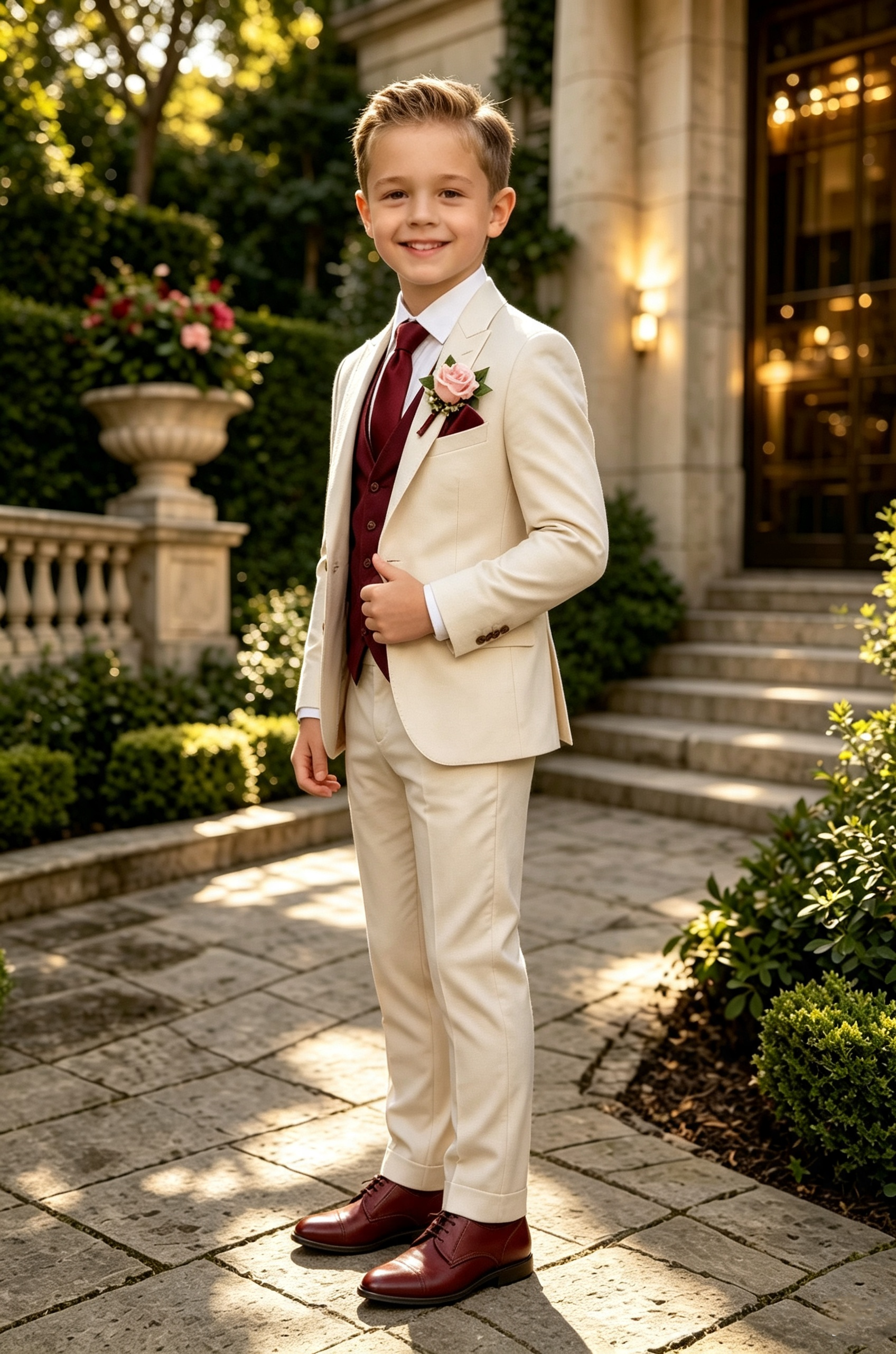 Beige & Burgundy Serge‑Blend Boys Single‑Breasted 3‑Piece Suit
