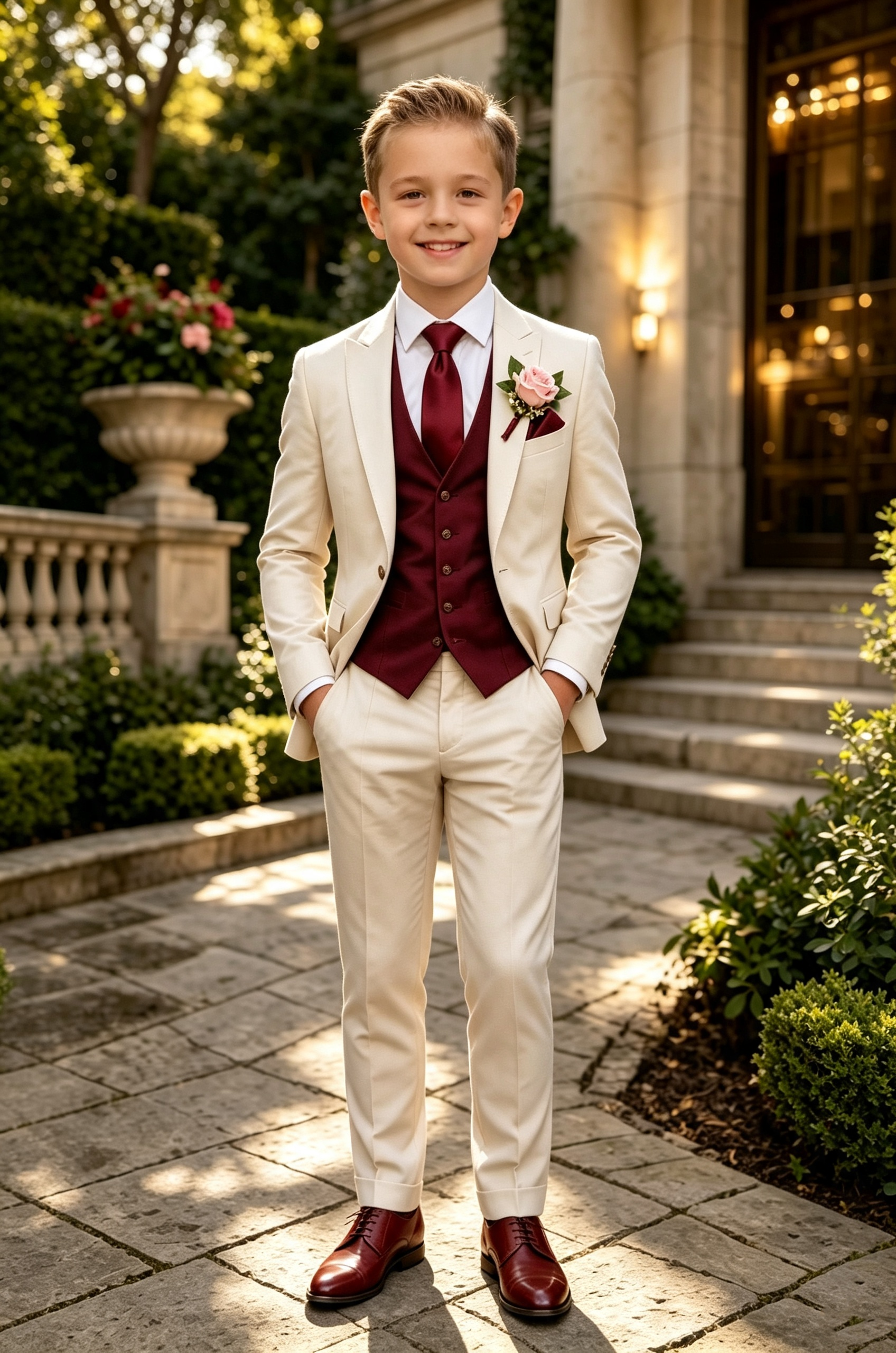 Beige & Burgundy Serge‑Blend Boys Single‑Breasted 3‑Piece Suit
