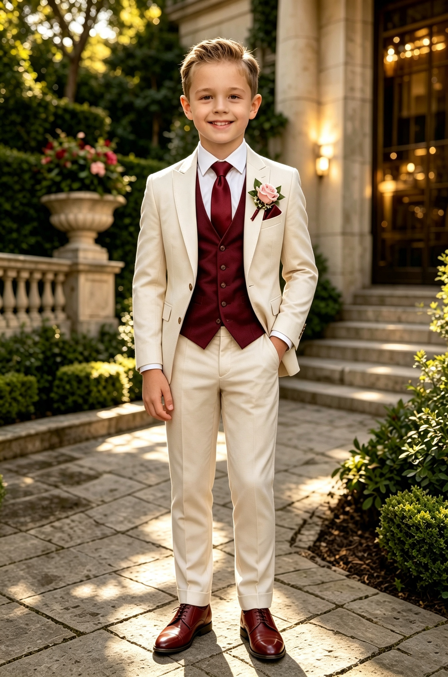 Beige & Burgundy Serge‑Blend Boys Single‑Breasted 3‑Piece Suit
