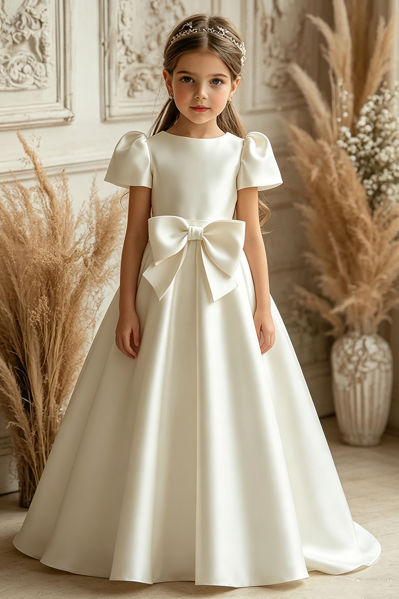 Girls Ivory Satin Flower Girl Dress for Weddings with Large Bow Accen