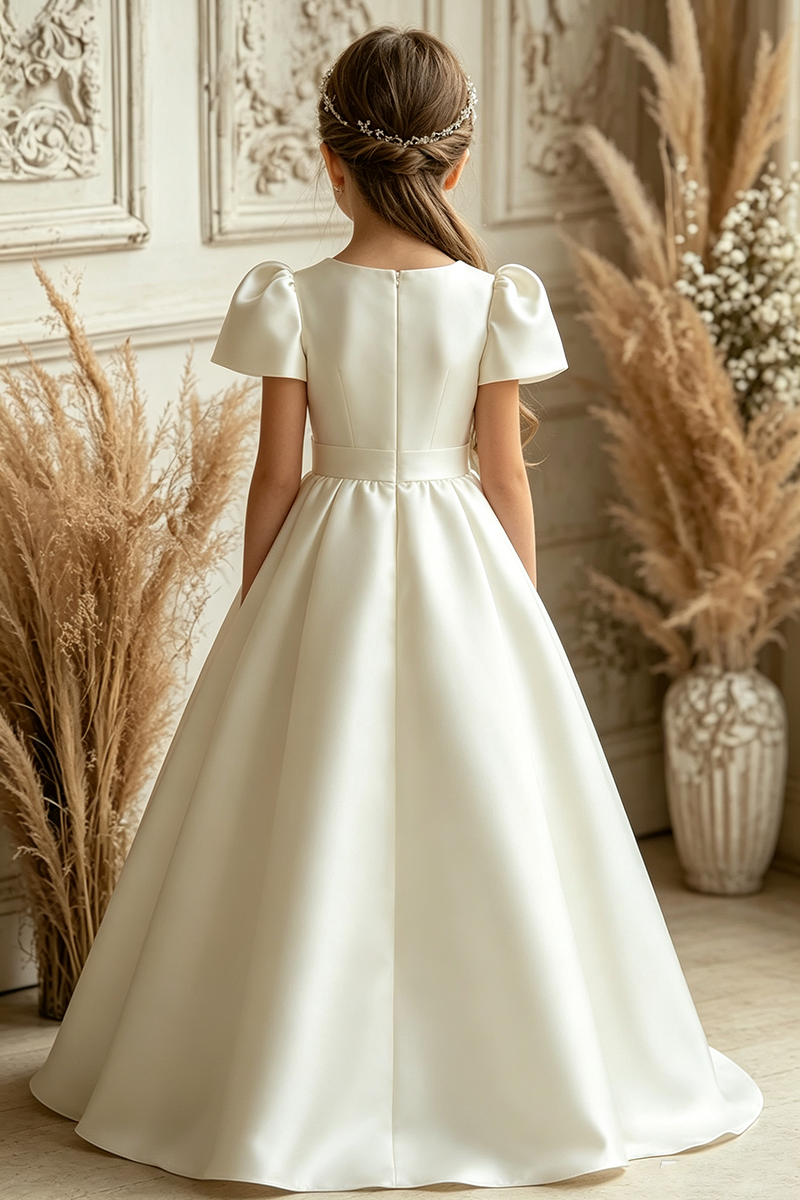 Girls Ivory Satin Flower Girl Dress for Weddings with Large Bow Accen