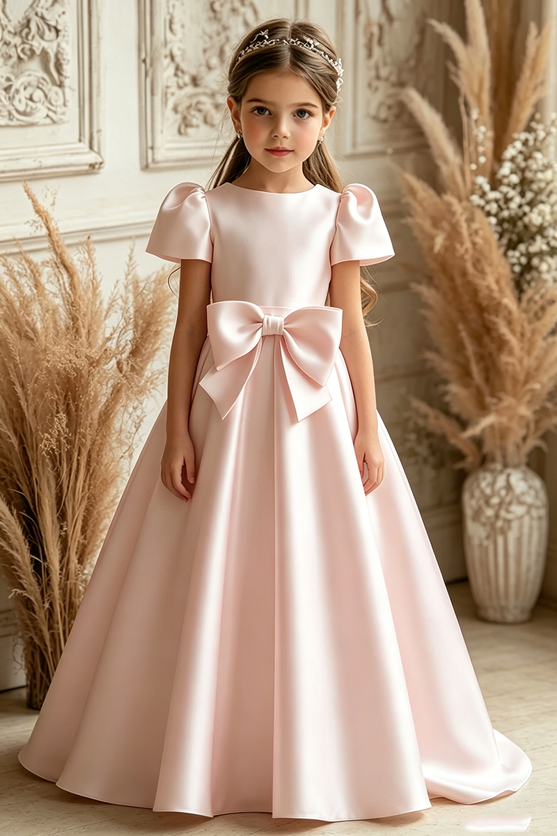 Girls Ivory Satin Flower Girl Dress for Weddings with Large Bow Accen