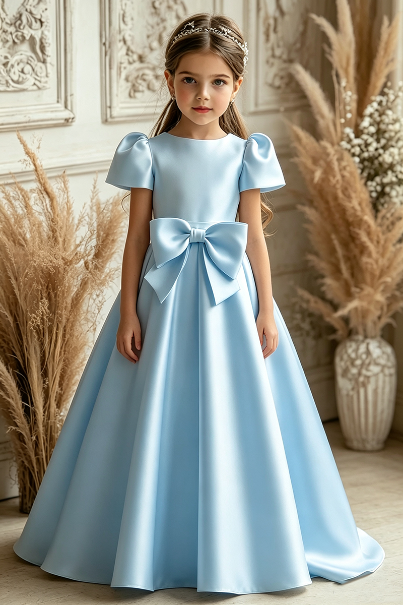 Girls Ivory Satin Flower Girl Dress for Weddings with Large Bow Accen
