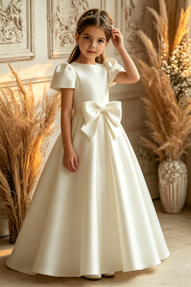 Girls Ivory Satin Flower Girl Dress for Weddings with Large Bow Accen