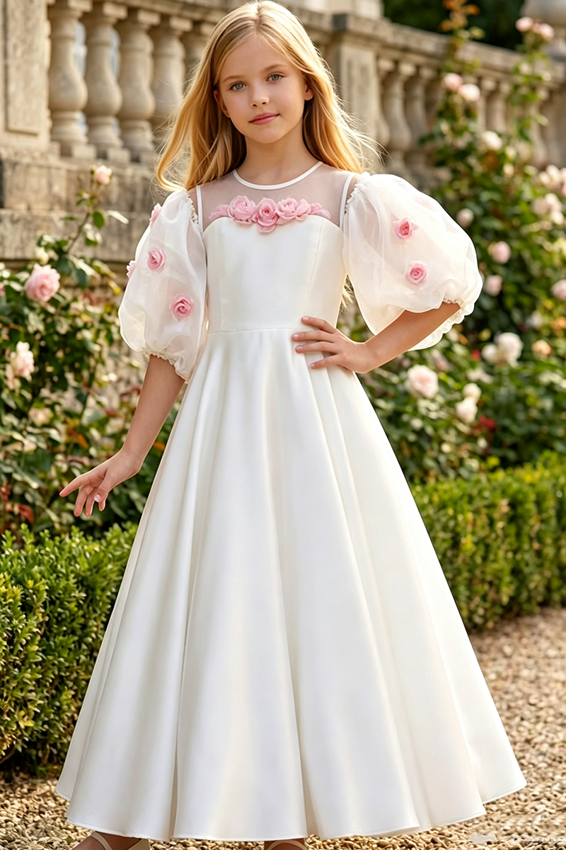 Girls Ivory Satin Flower Girl Dress for Weddings with 3D Floral Details