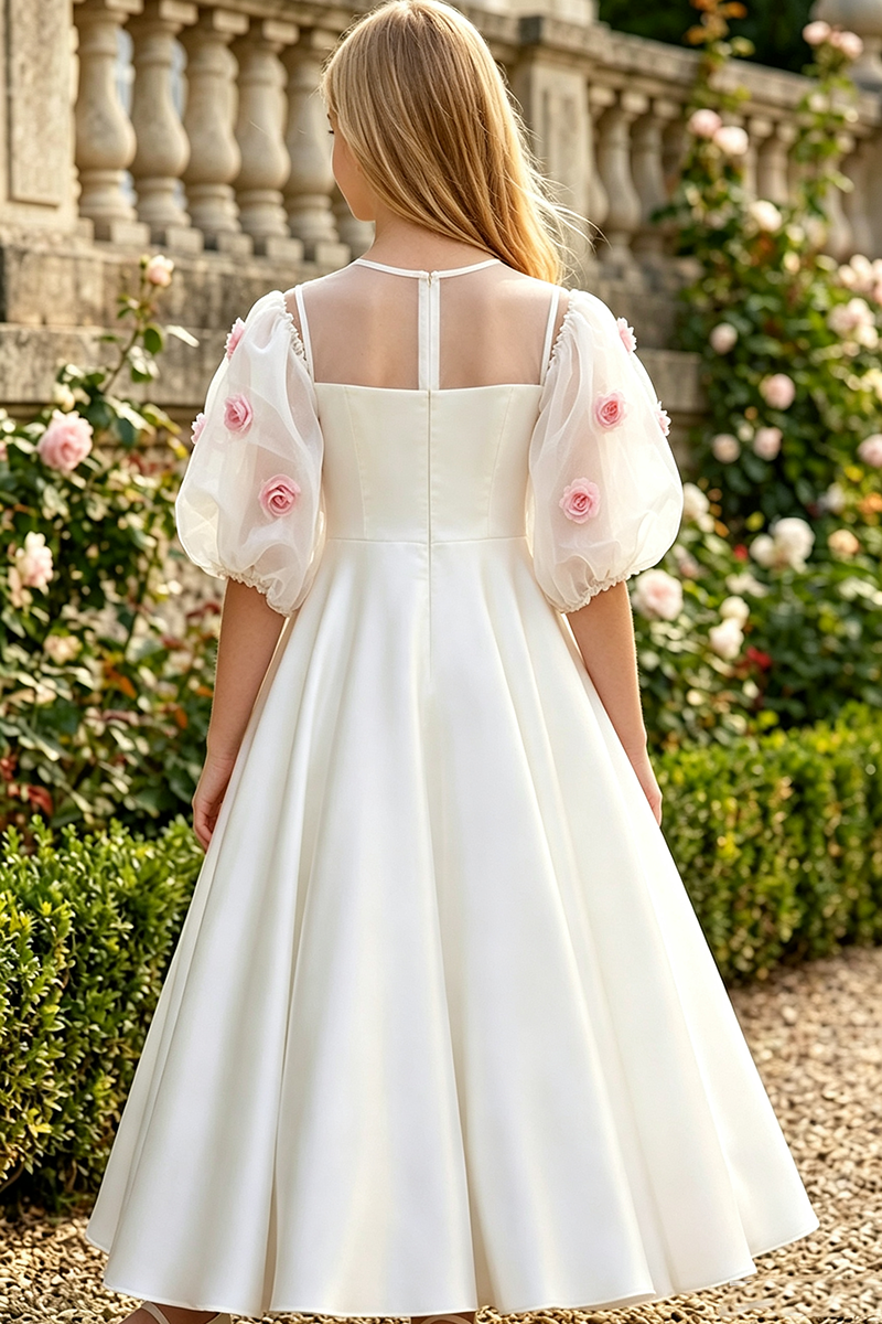 Girls Ivory Satin Flower Girl Dress for Weddings with 3D Floral Details