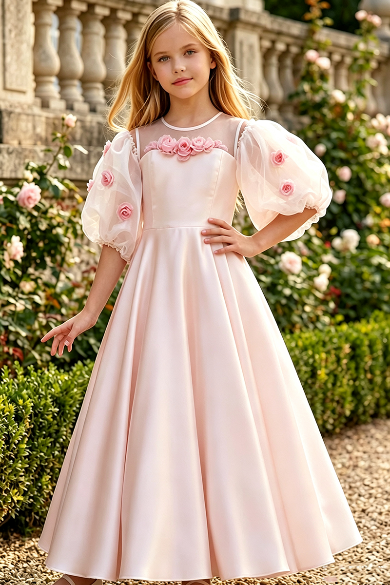 Girls Ivory Satin Flower Girl Dress for Weddings with 3D Floral Details