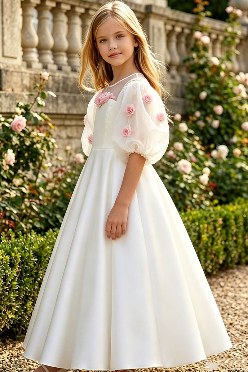 Girls Ivory Satin Flower Girl Dress for Weddings with 3D Floral Details