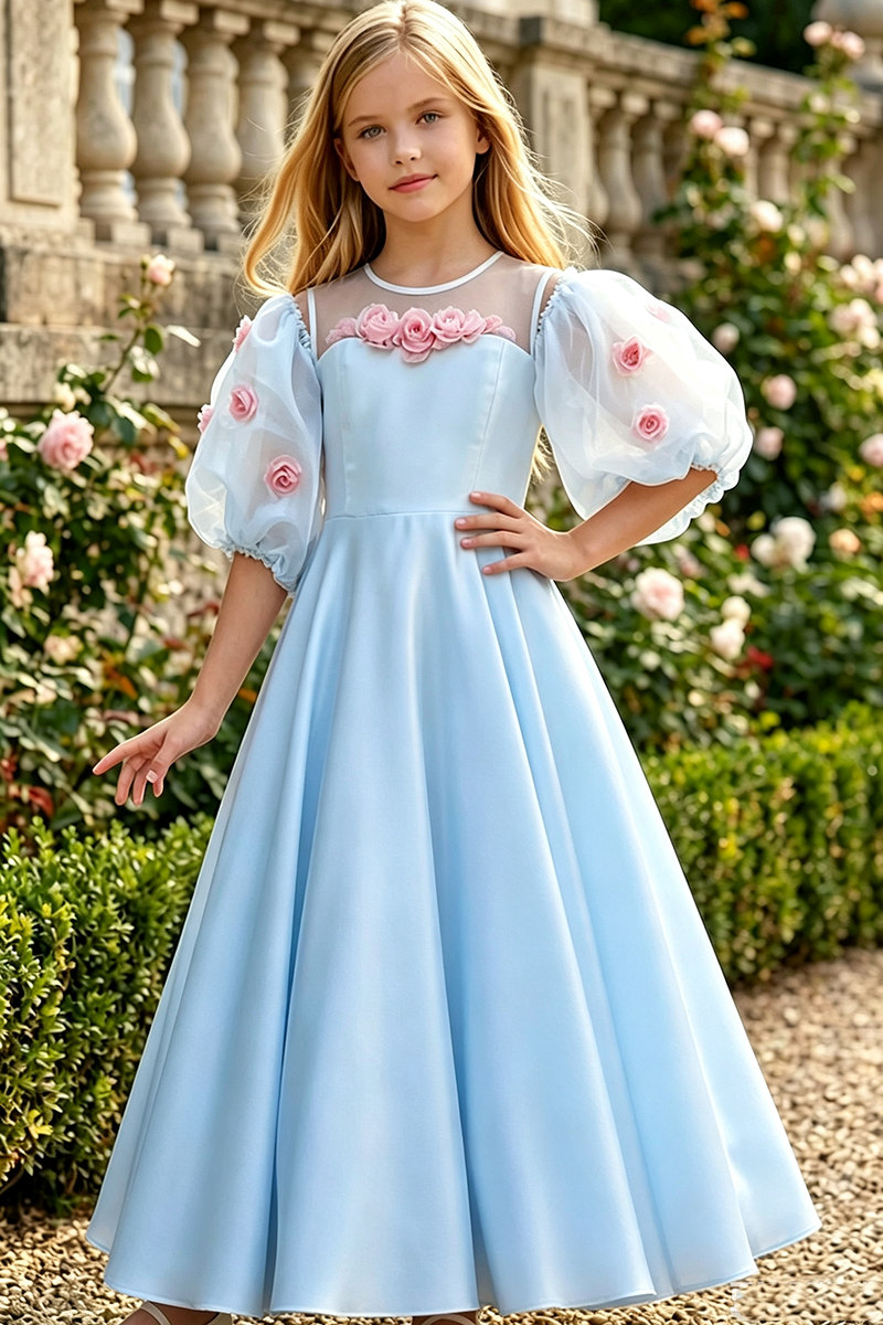 Girls Ivory Satin Flower Girl Dress for Weddings with 3D Floral Details
