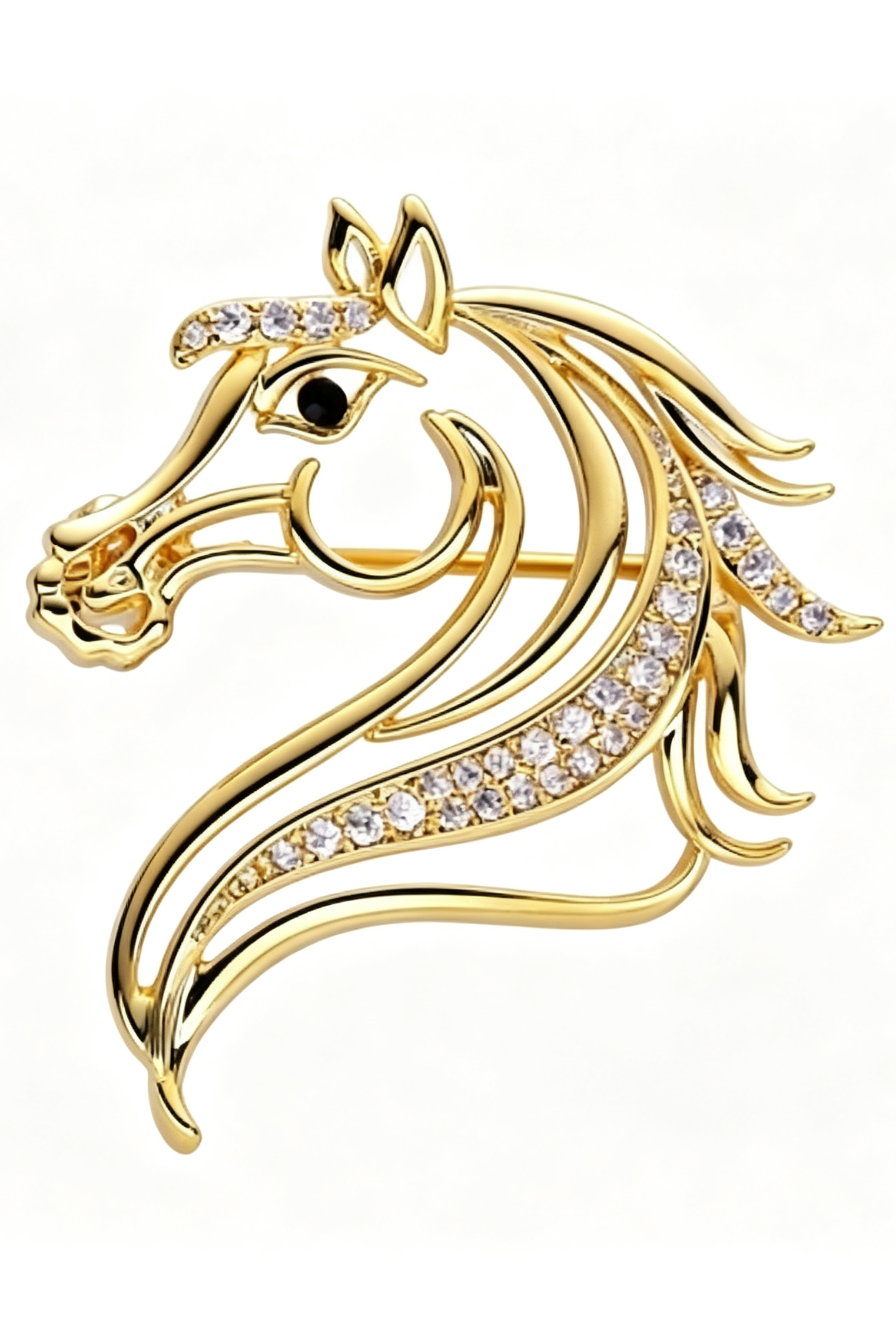 Gold Hollow Horse Head Brooch Sparkling Rhinestone Lapel Pin