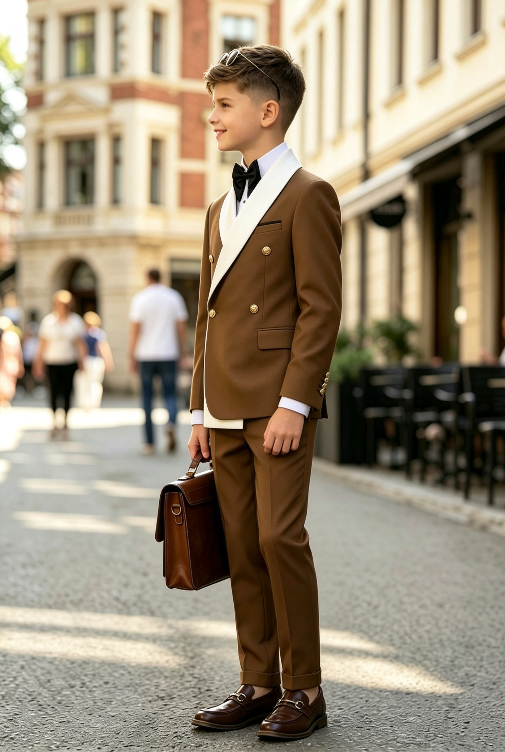 Brown & White Serge‑Blend Boys Double‑Breasted 2‑Piece Suit