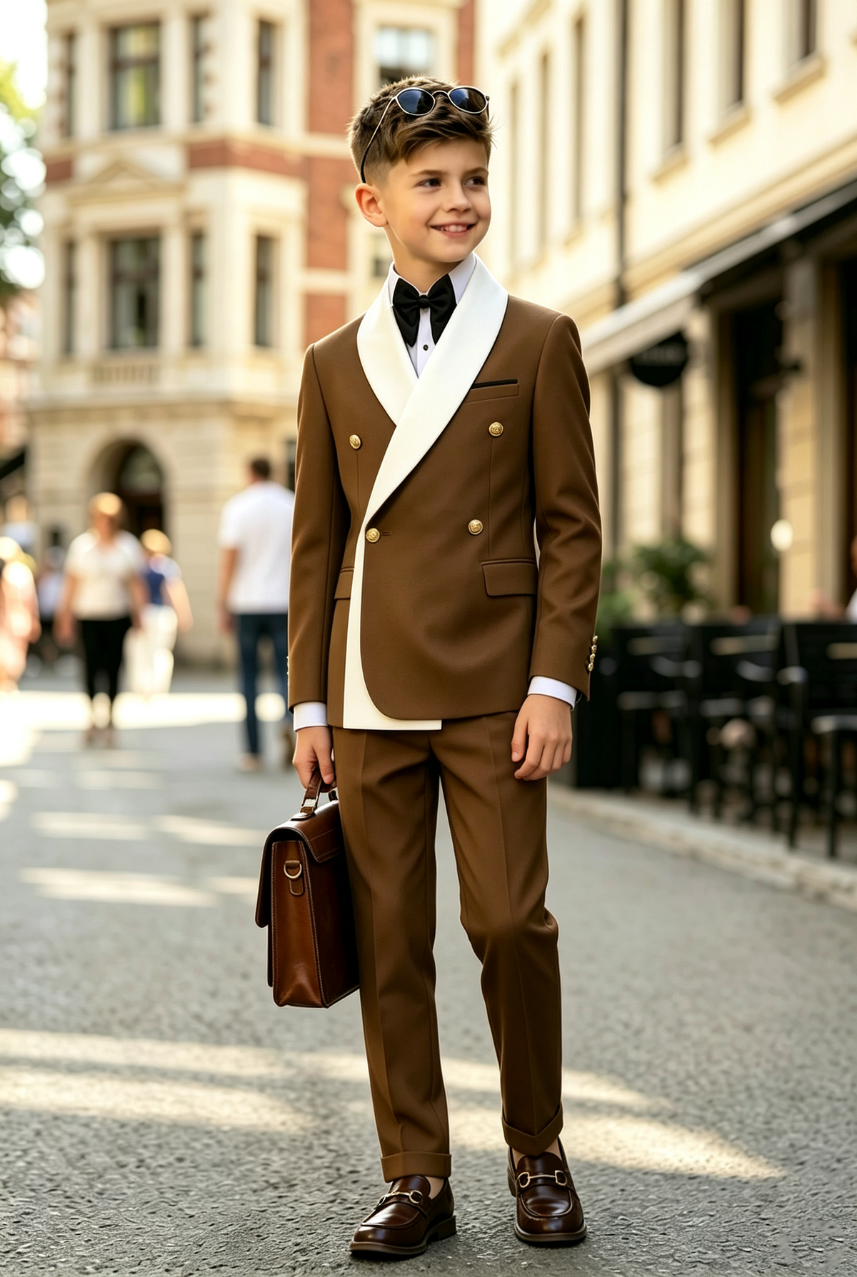 Brown & White Serge‑Blend Boys Double‑Breasted 2‑Piece Suit