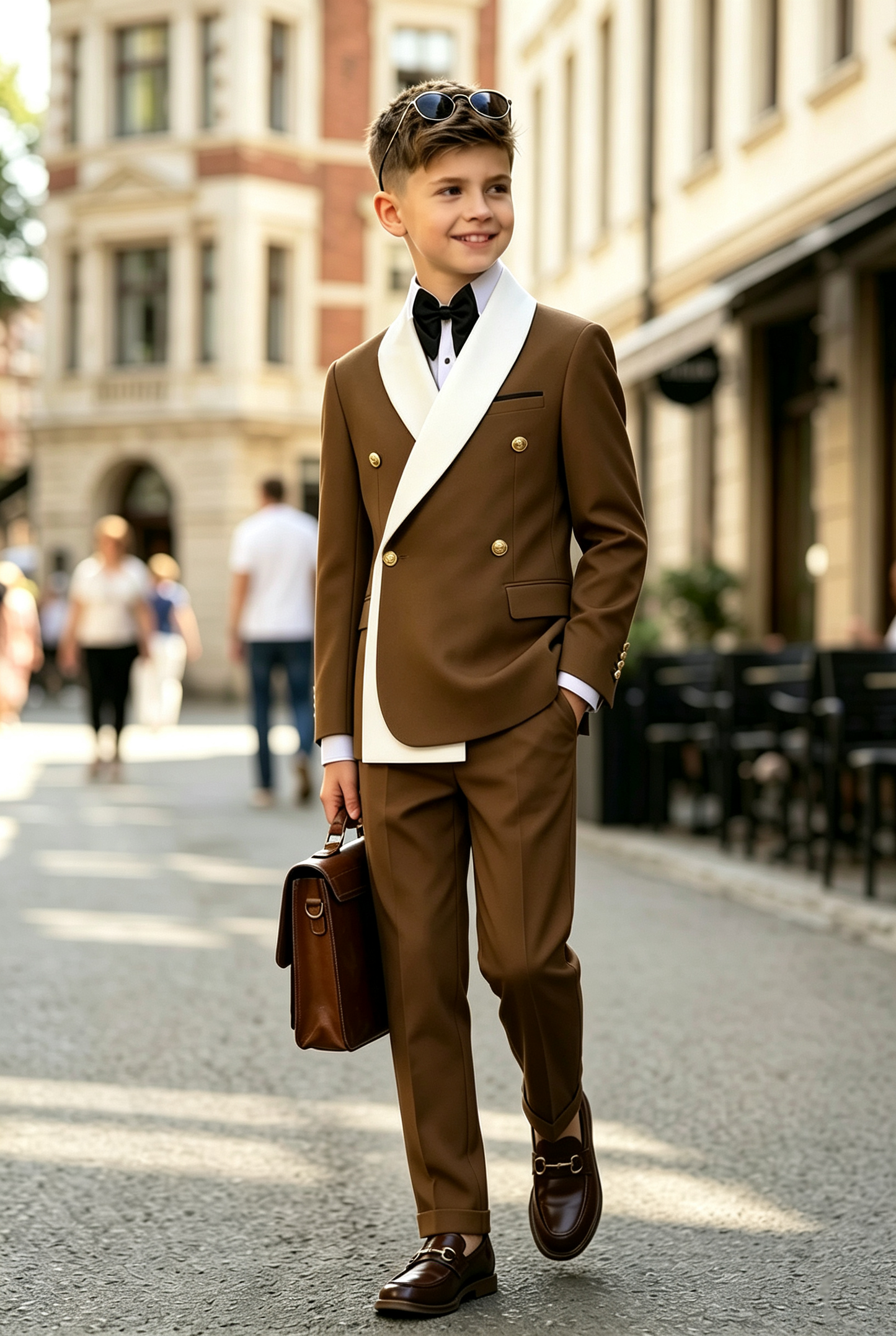Brown & White Serge‑Blend Boys Double‑Breasted 2‑Piece Suit