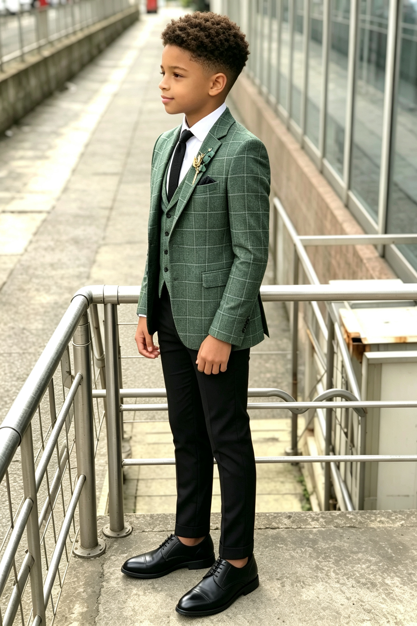 Green & Black Plaid Check Serge‑Blend Boys 2‑Piece Suit