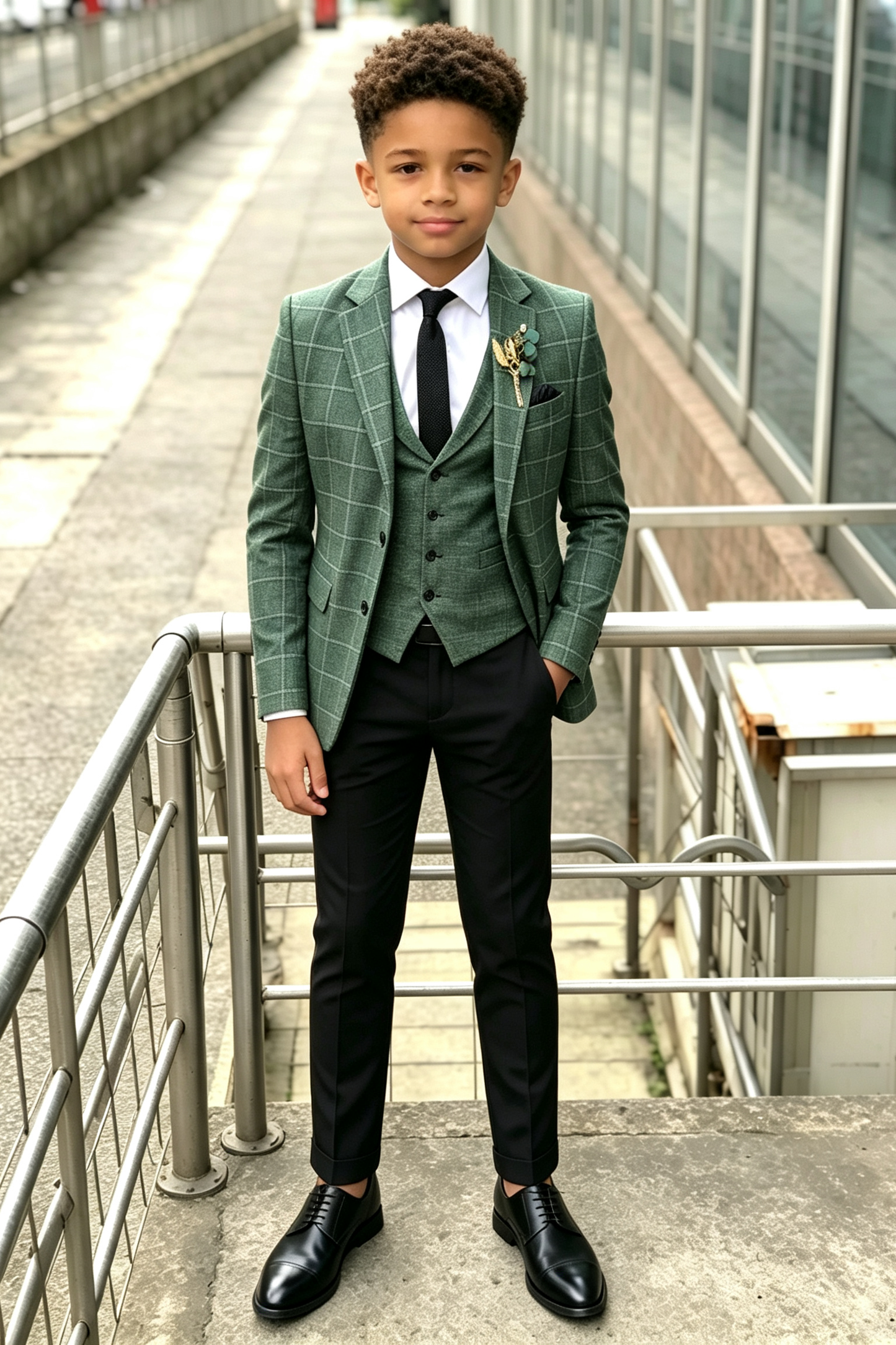 Green & Black Plaid Check Serge‑Blend Boys 2‑Piece Suit