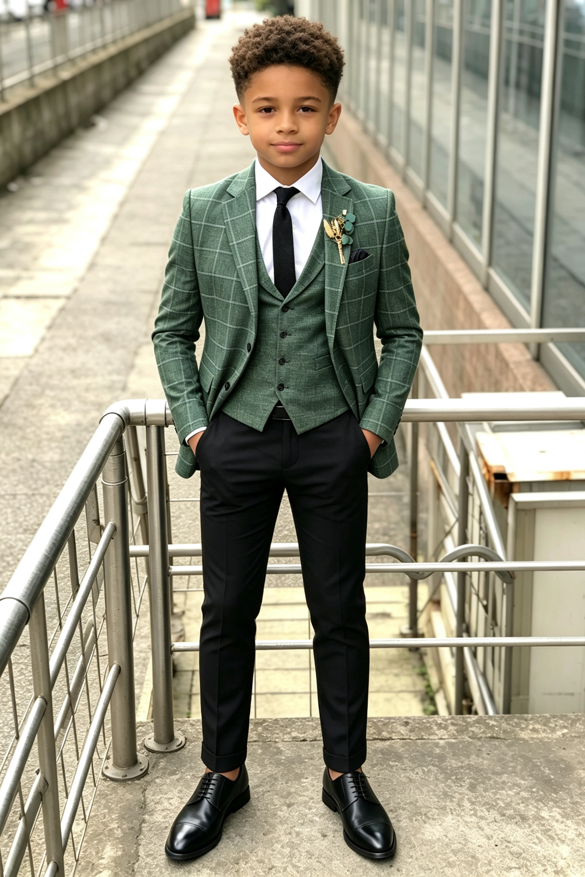 Green & Black Plaid Check Serge‑Blend Boys 2‑Piece Suit