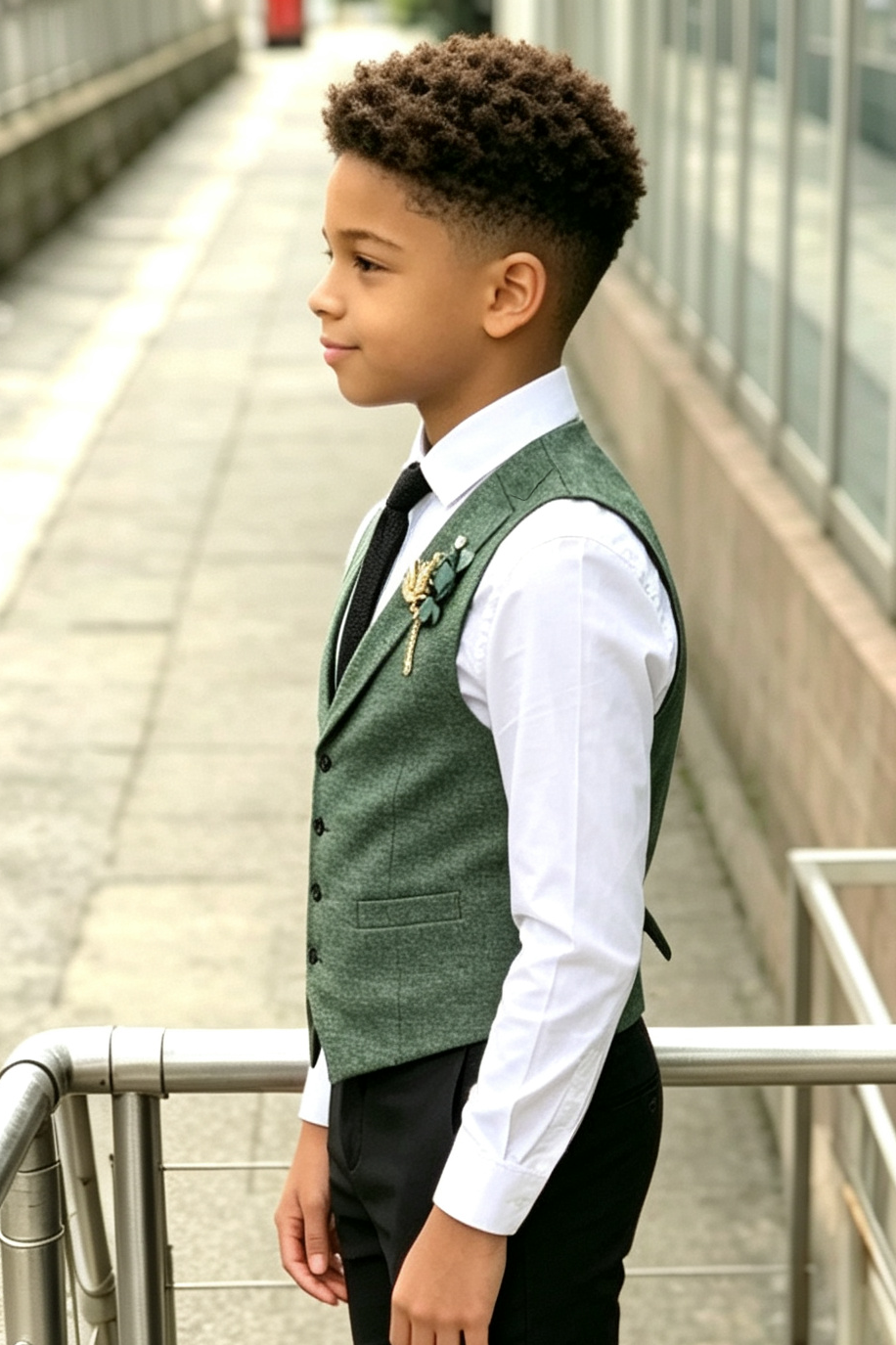 Green Serge‑Blend Boys Single‑Breasted Waistcoat