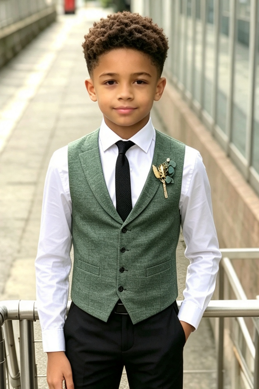 Green Serge‑Blend Boys Single‑Breasted Waistcoat