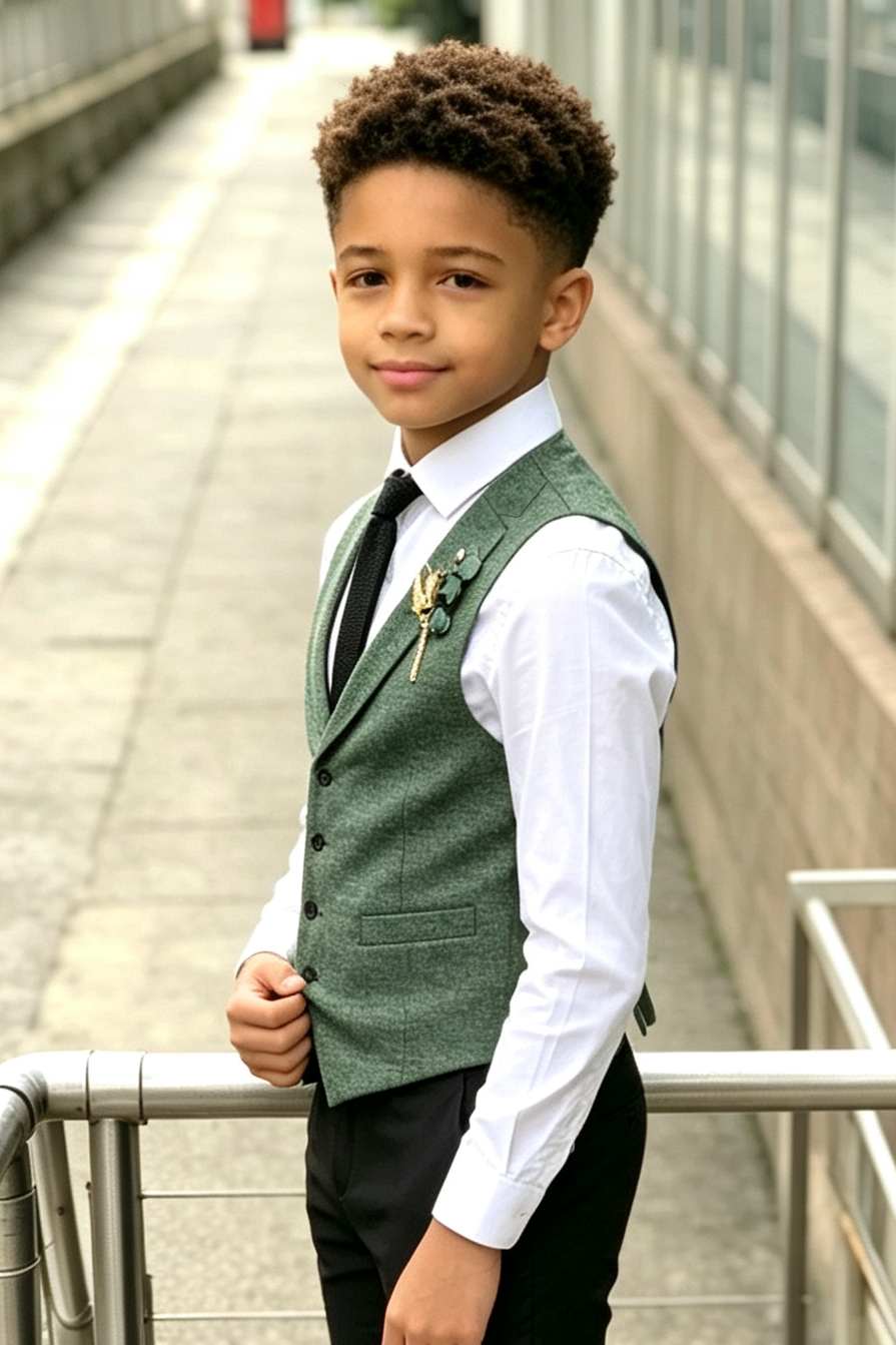 Green Serge‑Blend Boys Single‑Breasted Waistcoat