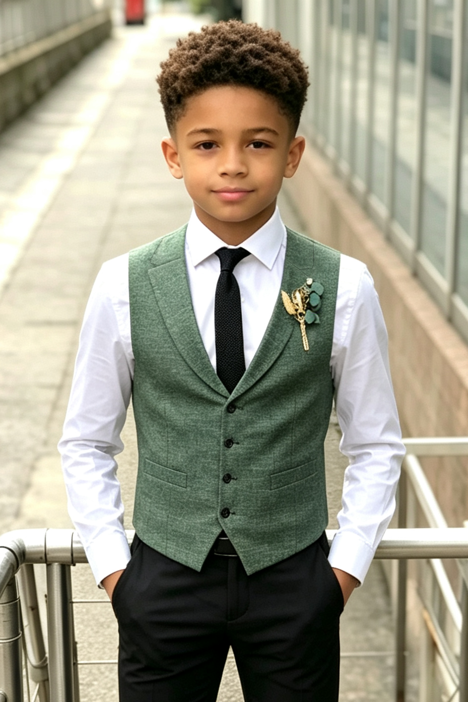 Green Serge‑Blend Boys Single‑Breasted Waistcoat