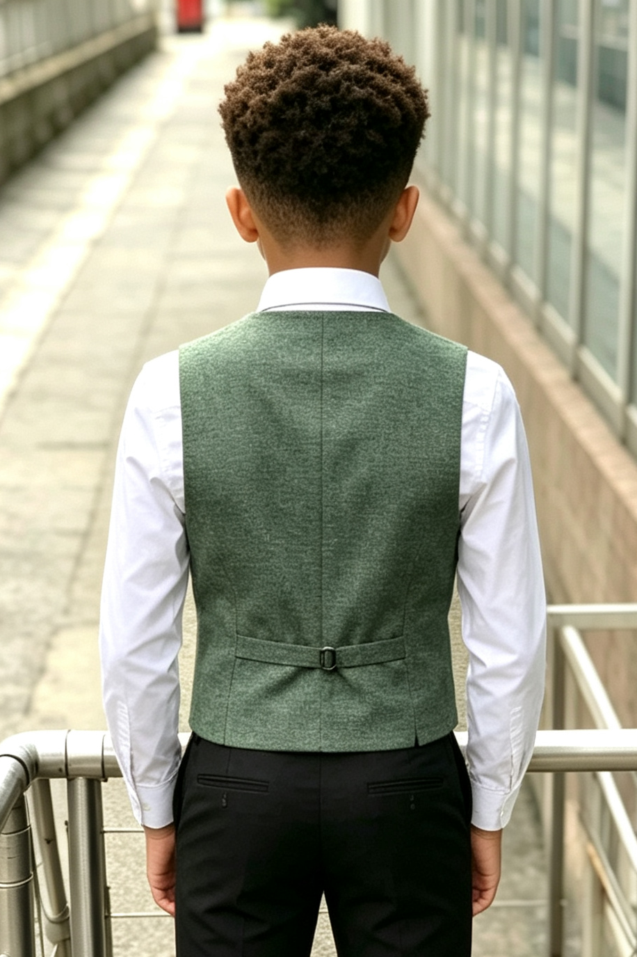 Green Serge‑Blend Boys Single‑Breasted Waistcoat