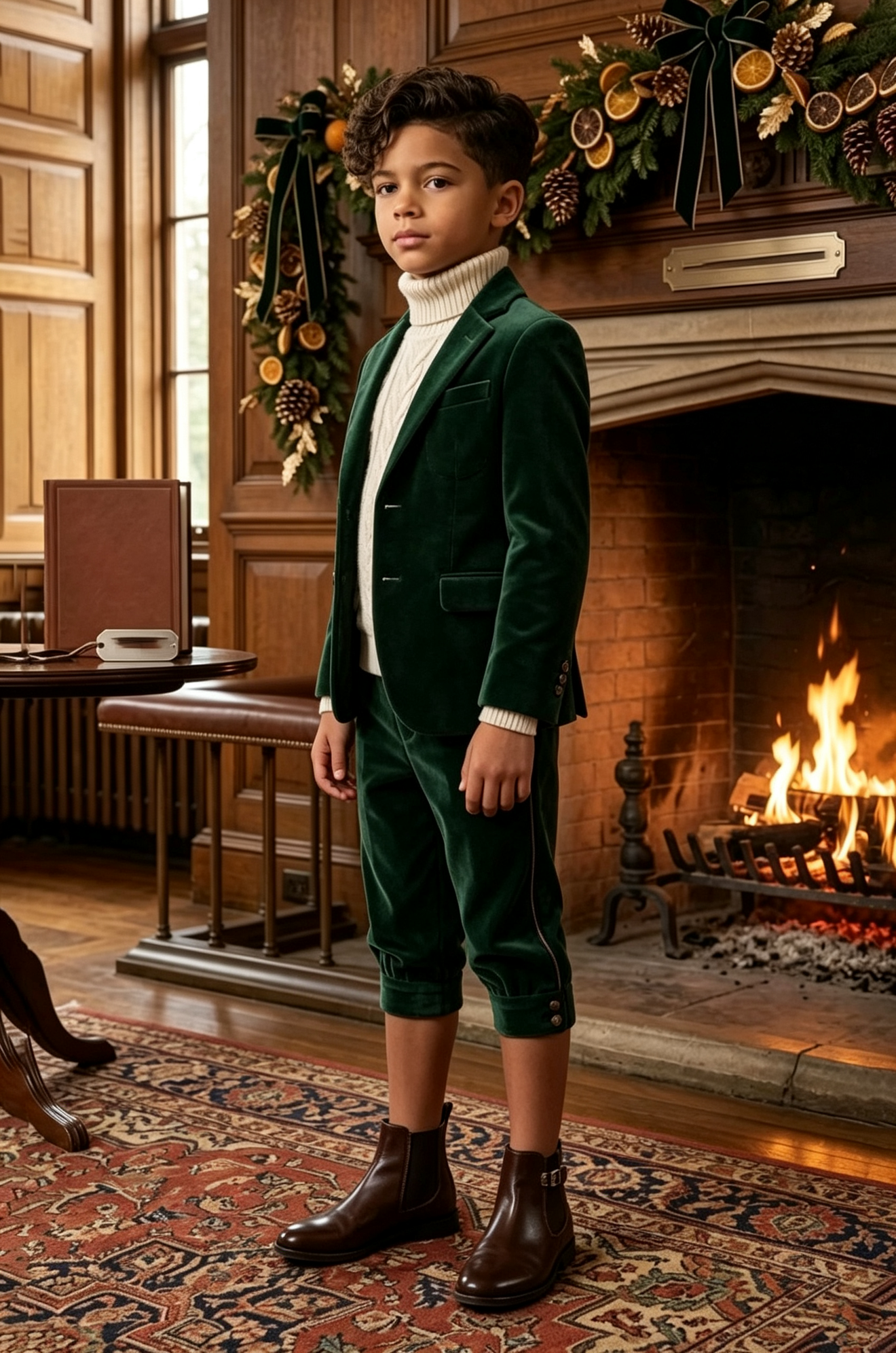 Night‑Green Velvet & Cropped 7/8 Length Trousers Single‑Breasted 2‑Piece Suit