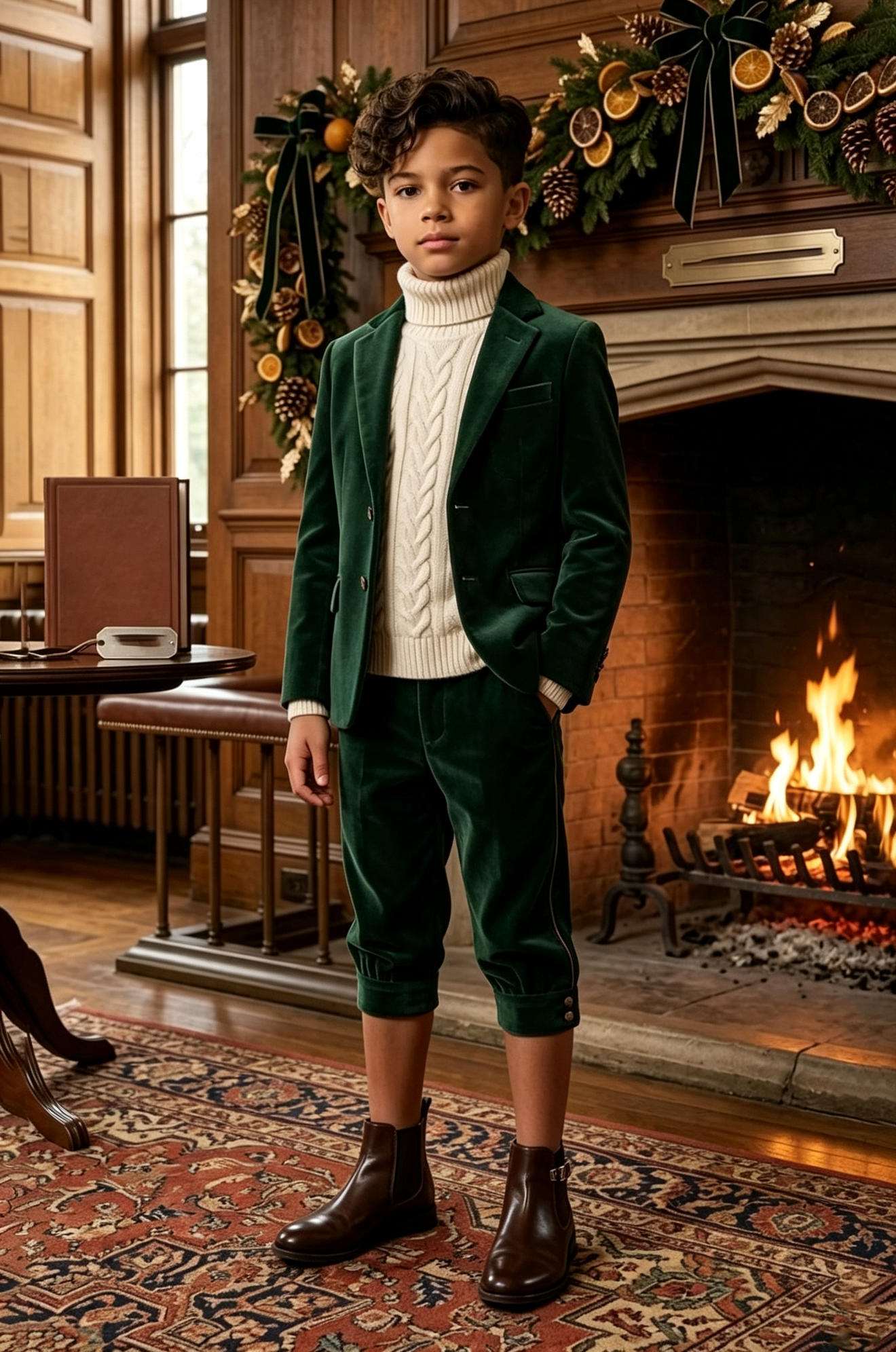 Night‑Green Velvet & Cropped 7/8 Length Trousers Single‑Breasted 2‑Piece Suit