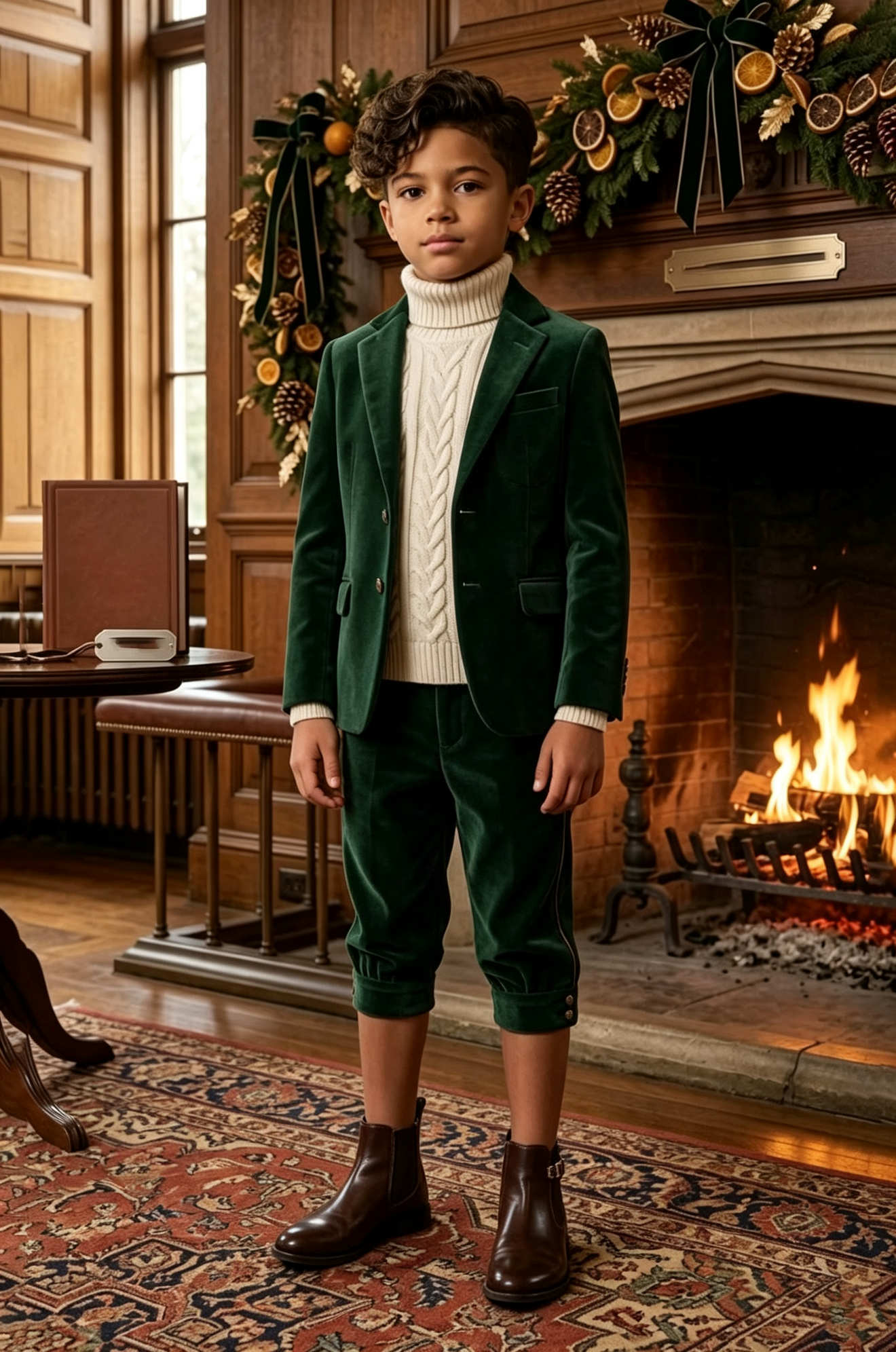 Night‑Green Velvet & Cropped 7/8 Length Trousers Single‑Breasted 2‑Piece Suit