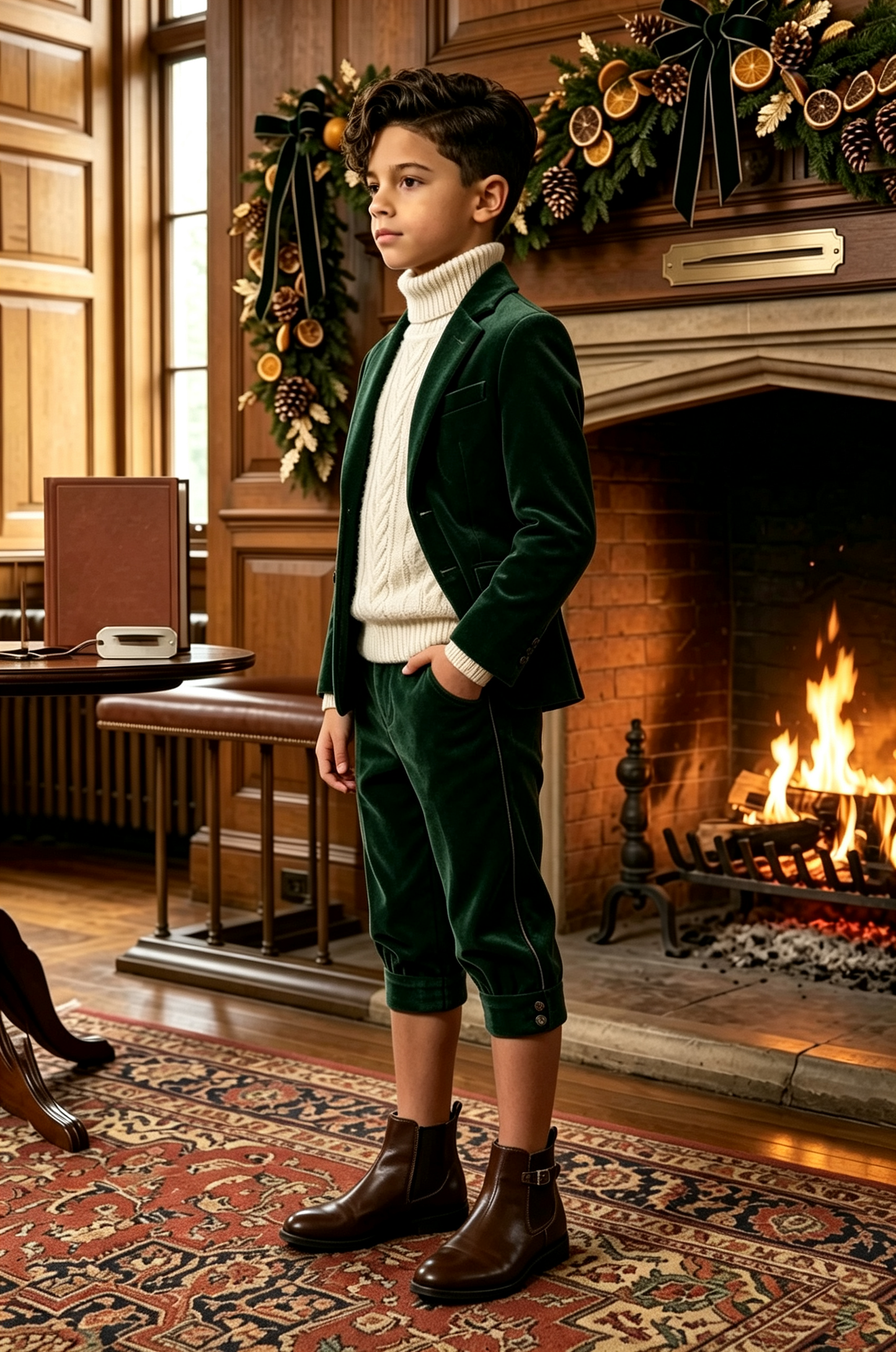 Night‑Green Velvet & Cropped 7/8 Length Trousers Single‑Breasted 2‑Piece Suit
