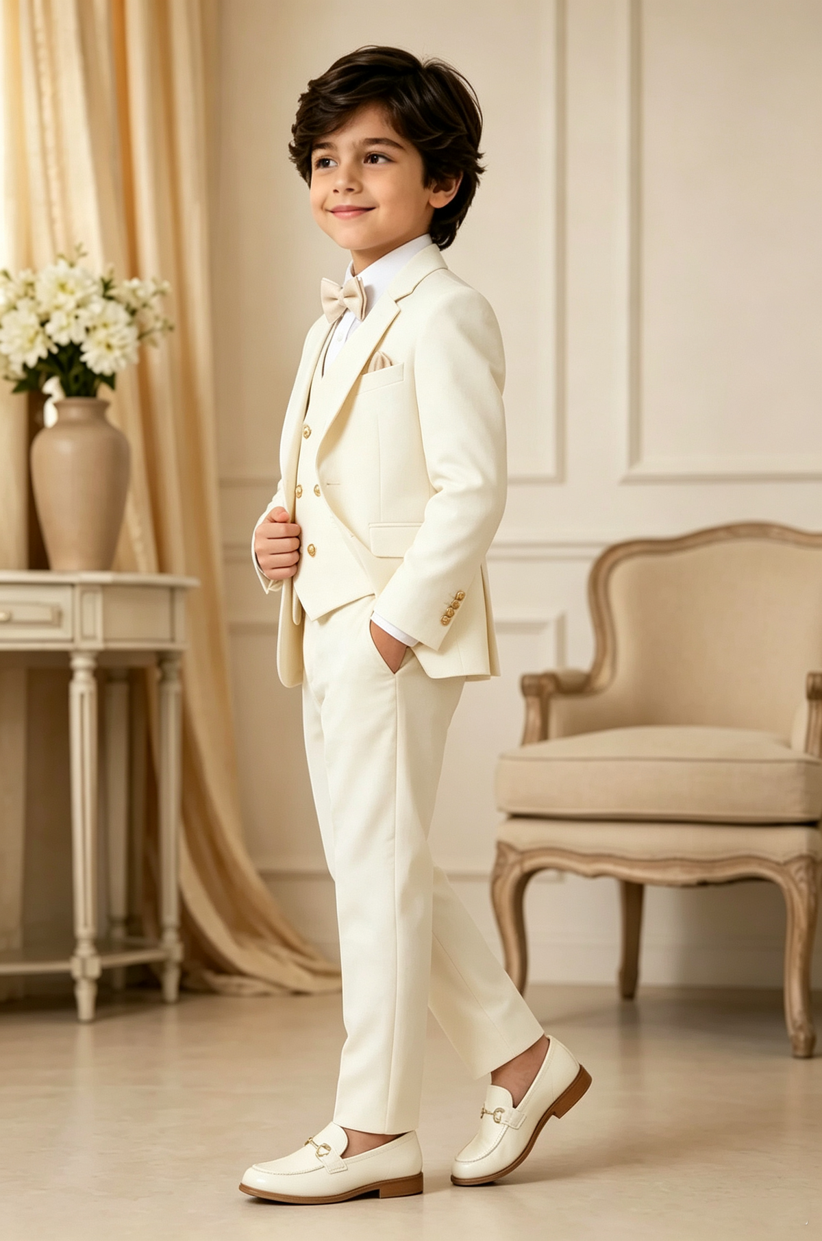 Cream‑White Serge‑Blend Boys Double‑Breasted Waistcoat 3‑Piece Suit