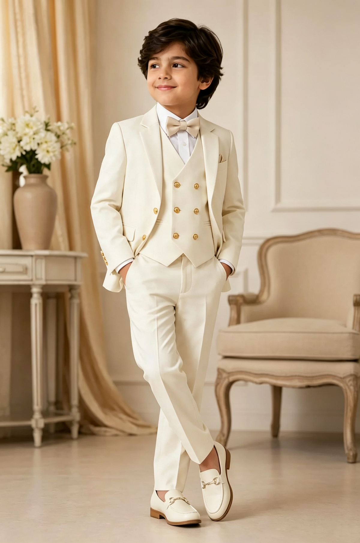 Cream‑White Serge‑Blend Boys Double‑Breasted Waistcoat 3‑Piece Suit