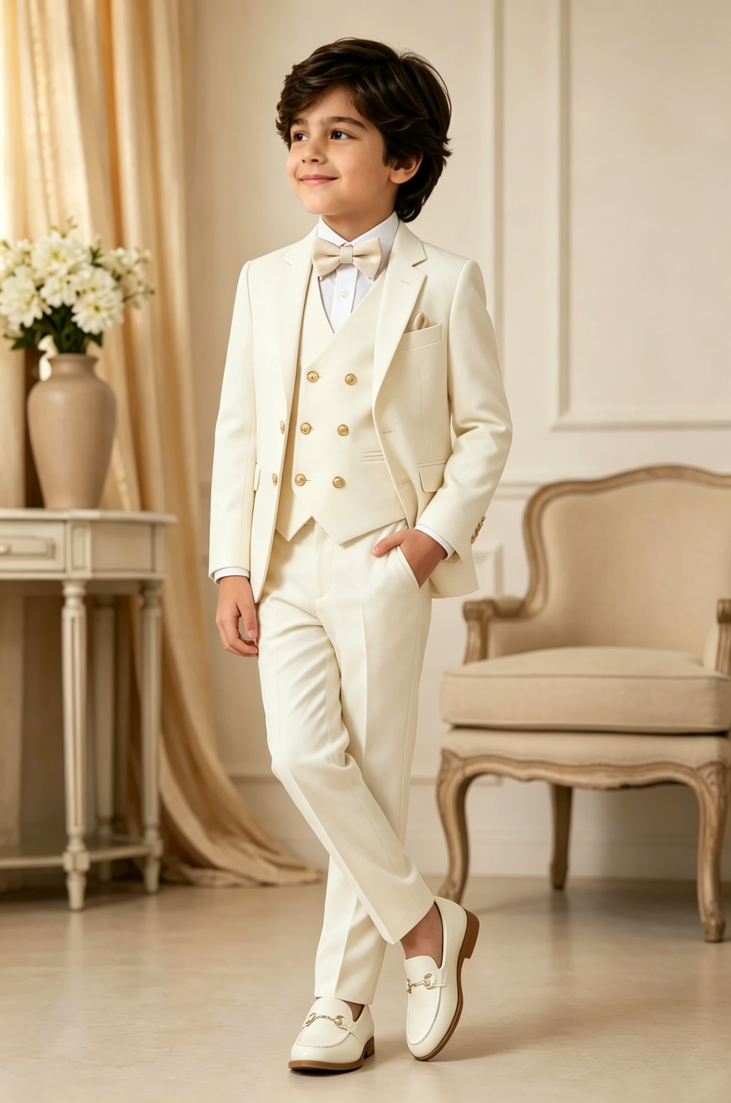 Cream‑White Serge‑Blend Boys Double‑Breasted Waistcoat 3‑Piece Suit