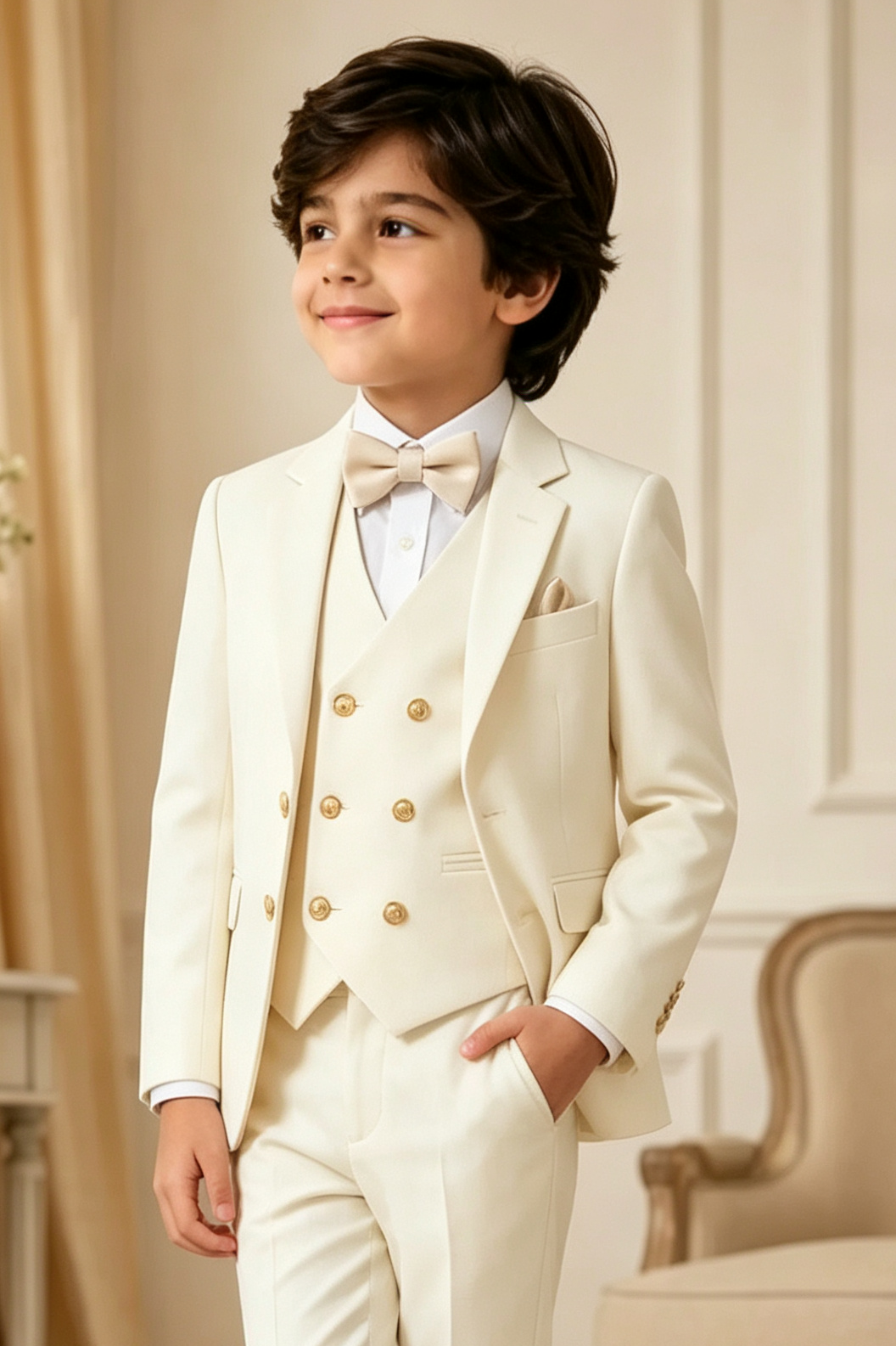 Cream‑White Serge‑Blend Boys Double‑Breasted Waistcoat 3‑Piece Suit