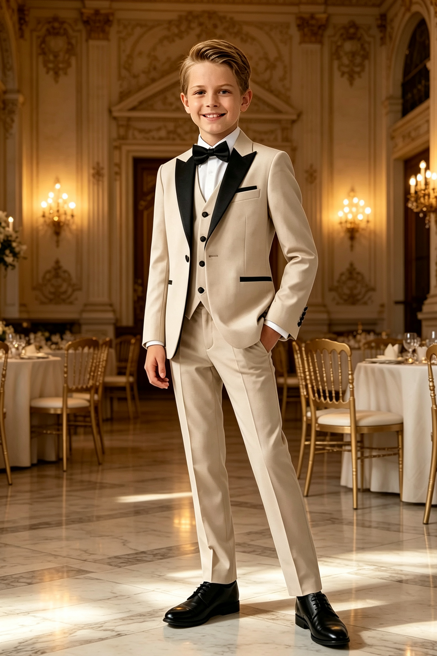 Light‑Khaki Serge‑Blend Boys 3‑Piece Suit with Black Matte Satin Lapels