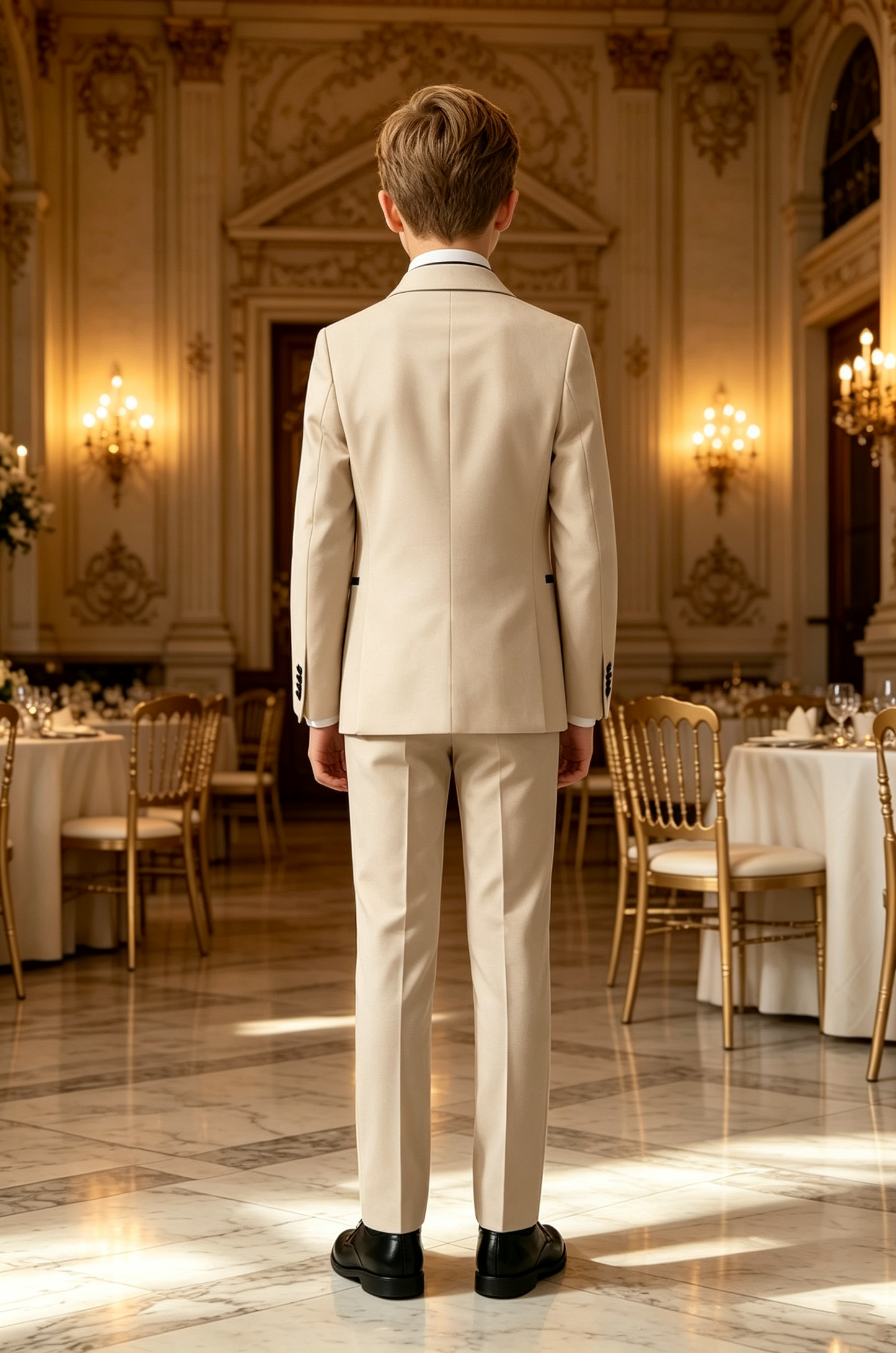 Light‑Khaki Serge‑Blend Boys 3‑Piece Suit with Black Matte Satin Lapels