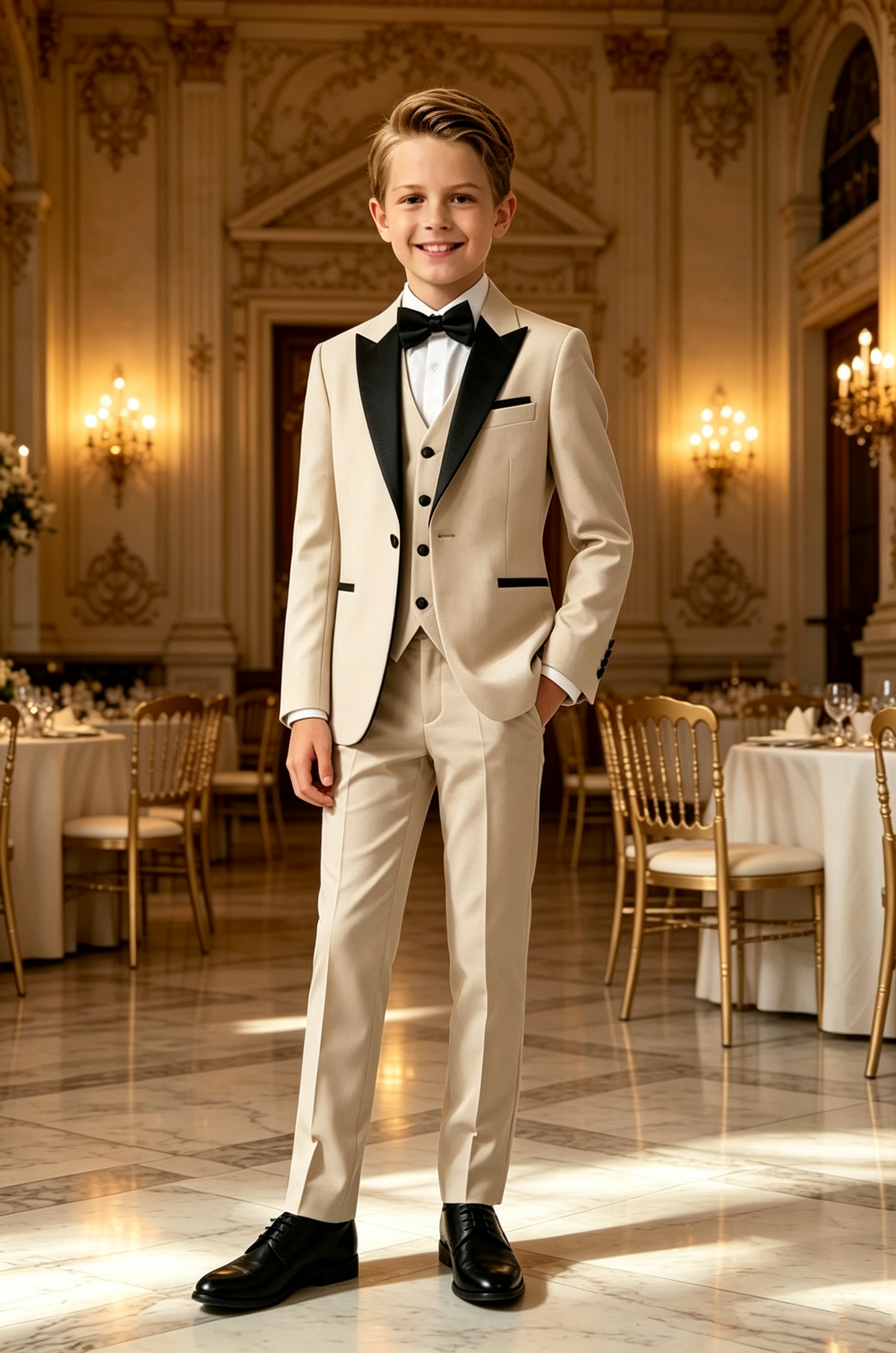 Light‑Khaki Serge‑Blend Boys 3‑Piece Suit with Black Matte Satin Lapels