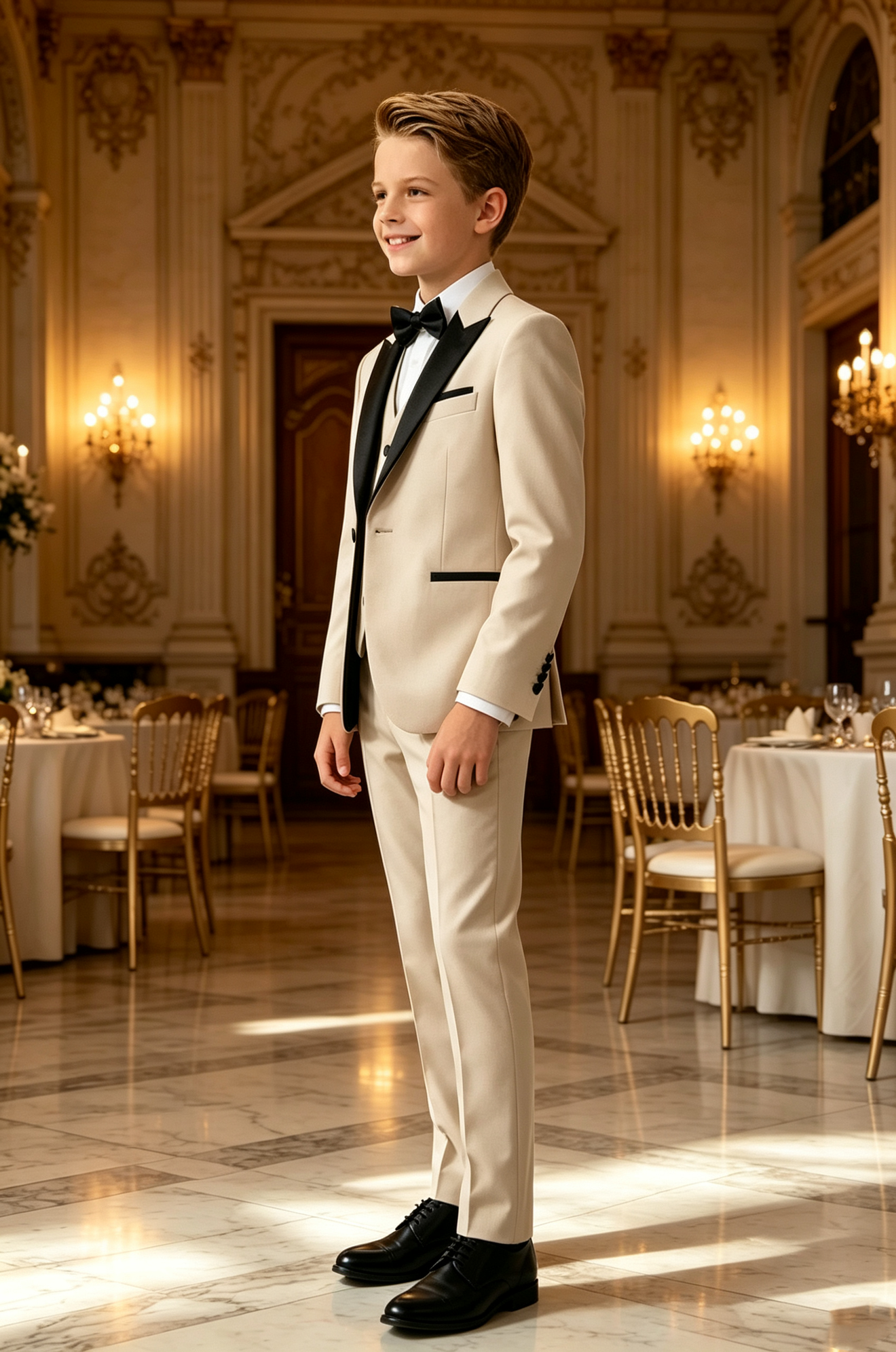 Light‑Khaki Serge‑Blend Boys 3‑Piece Suit with Black Matte Satin Lapels