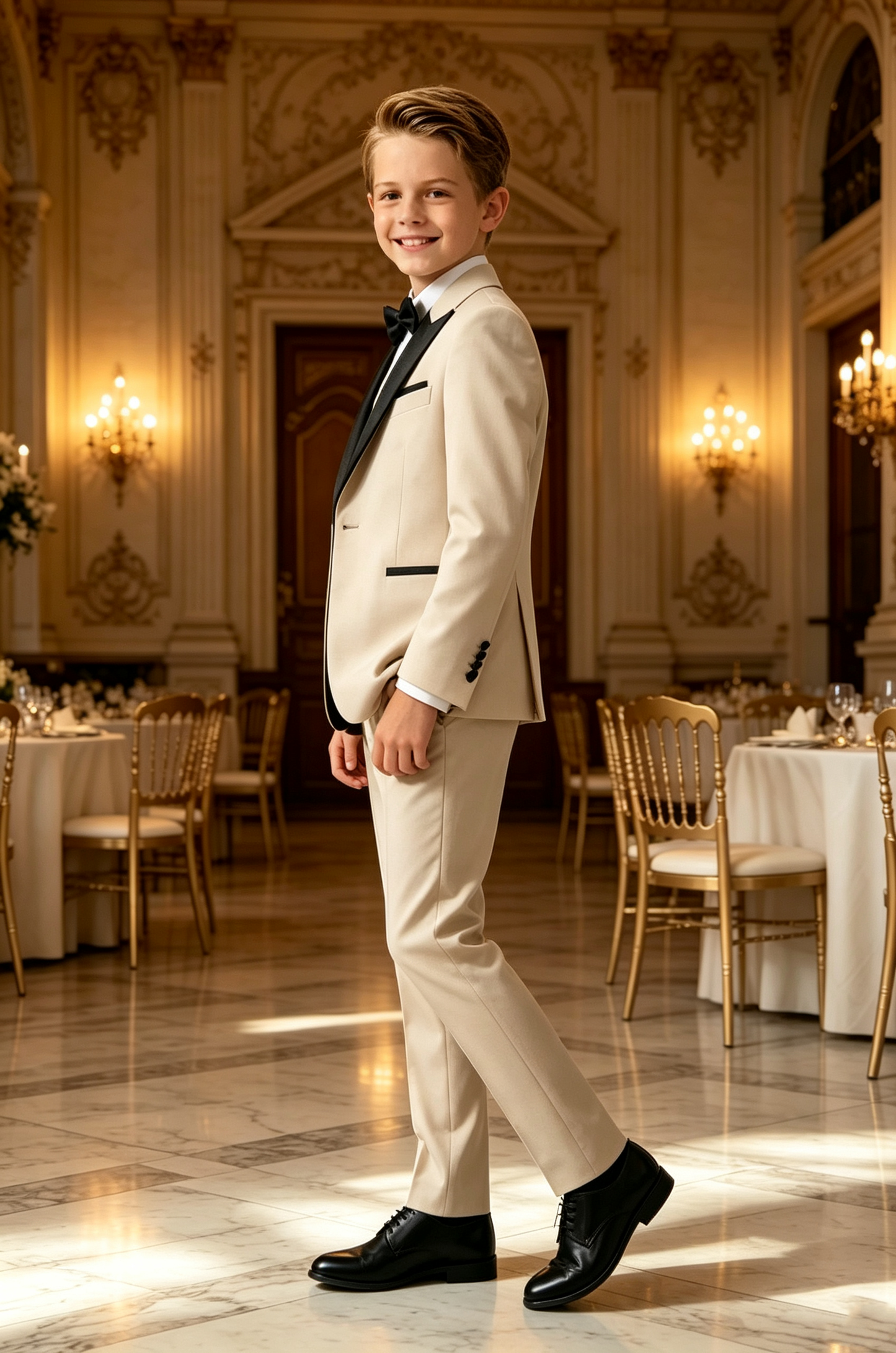 Light‑Khaki Serge‑Blend Boys 3‑Piece Suit with Black Matte Satin Lapels
