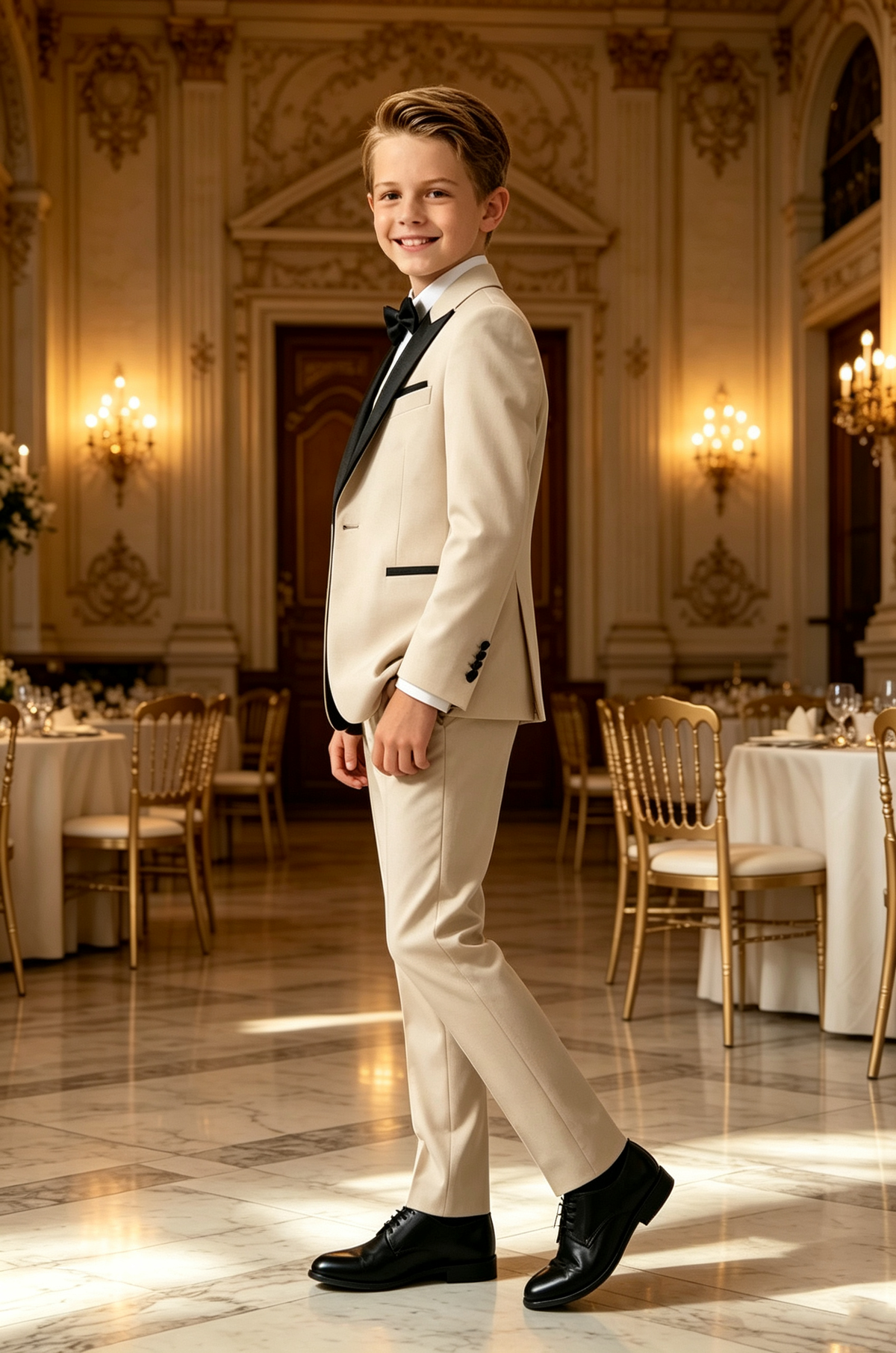 Light‑Khaki Serge‑Blend Boys 3‑Piece Suit with Black Matte Satin Lapels