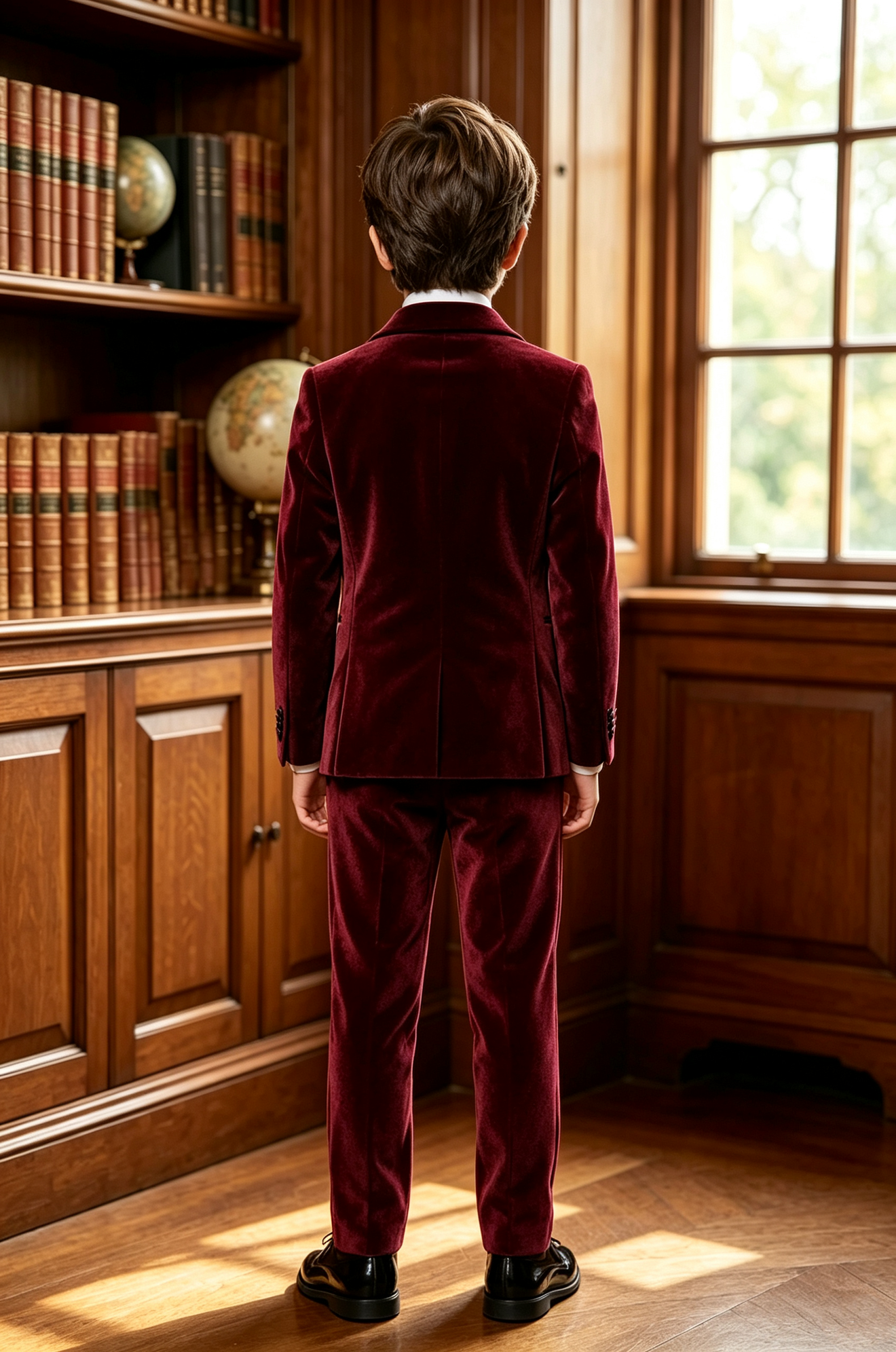 Burgundy Velvet Boys 2‑Piece Suit with Black Matte Satin Lapels