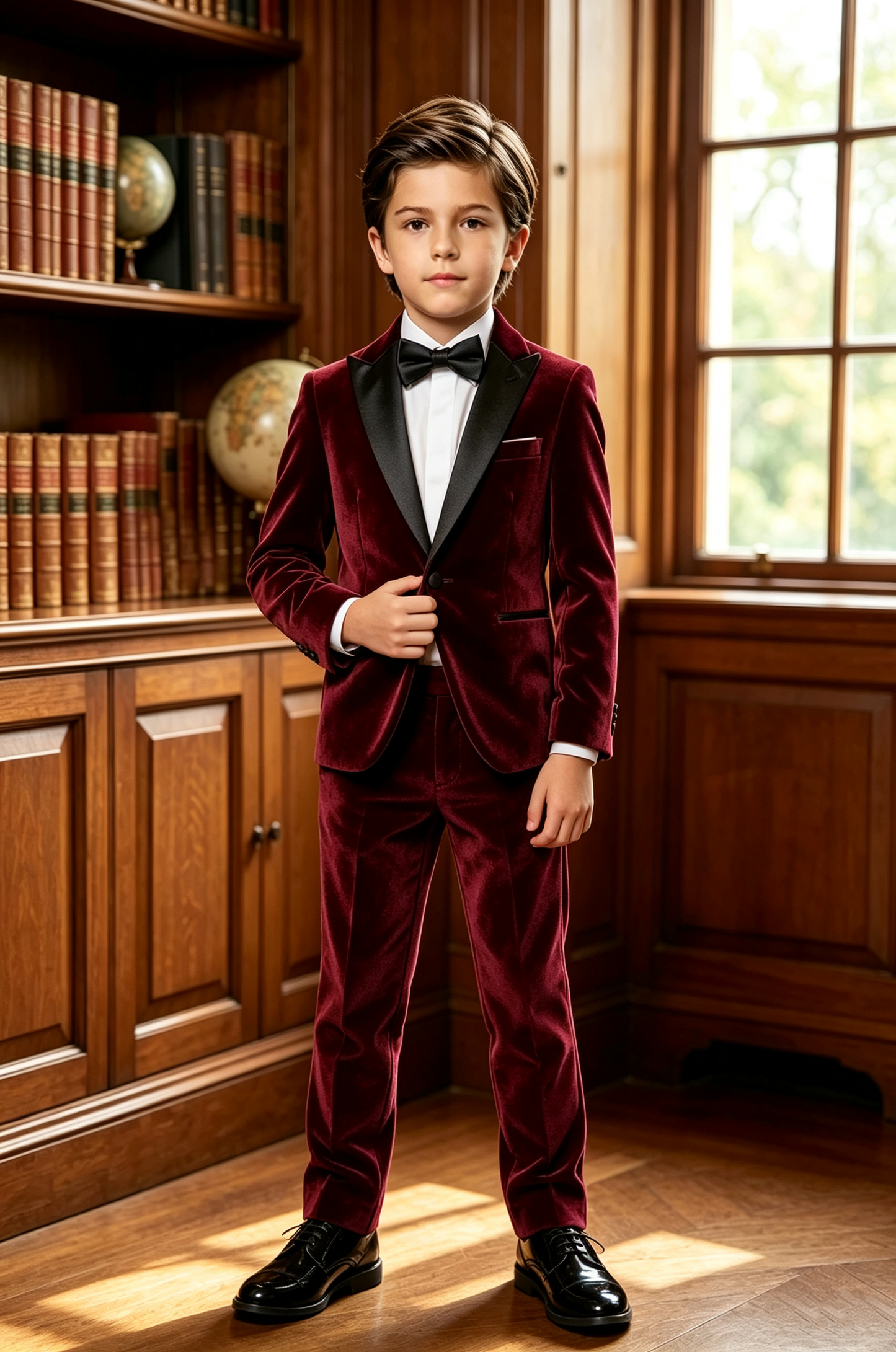 Burgundy Velvet Boys 2‑Piece Suit with Black Matte Satin Lapels