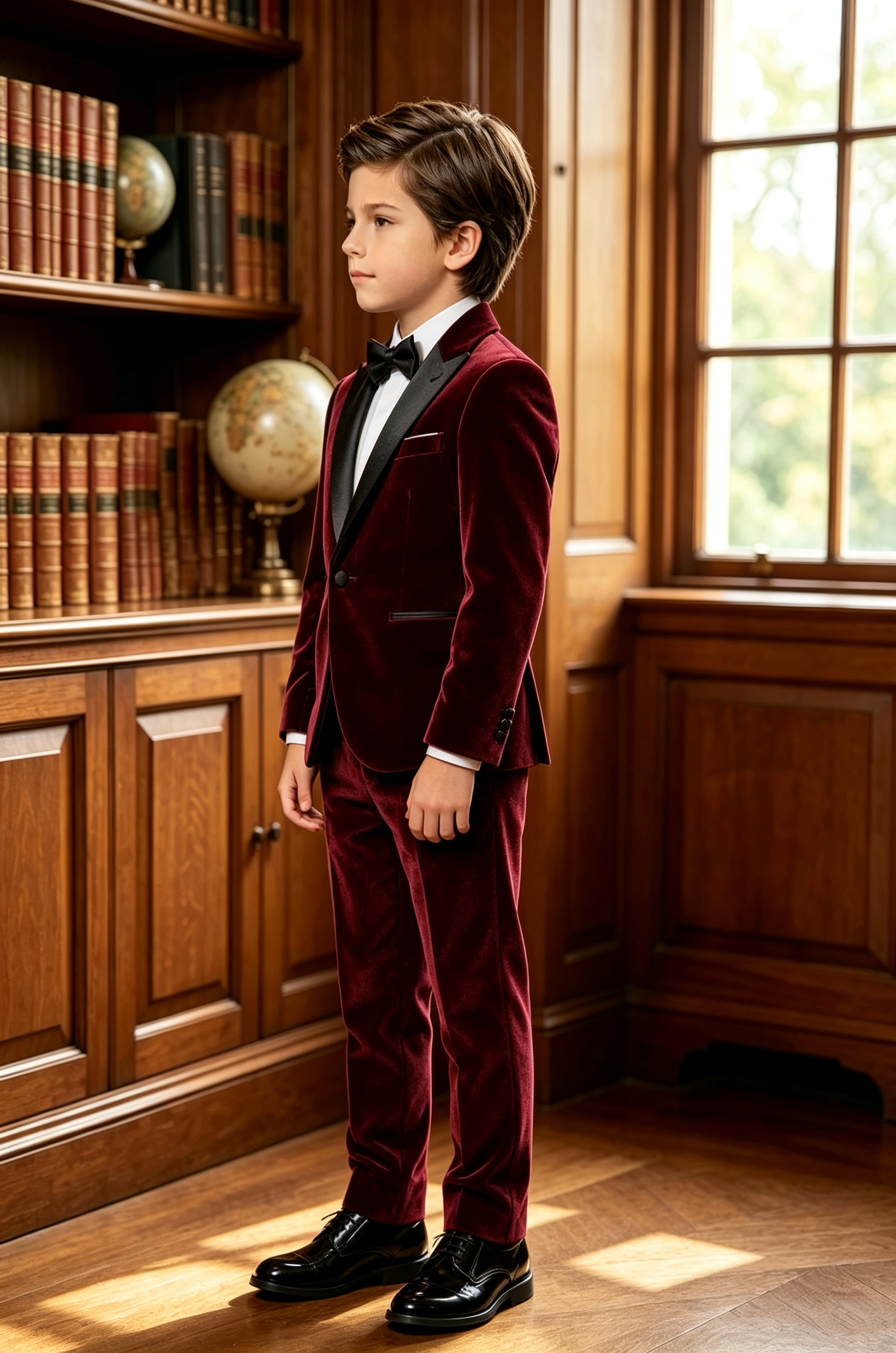 Burgundy Velvet Boys 2‑Piece Suit with Black Matte Satin Lapels