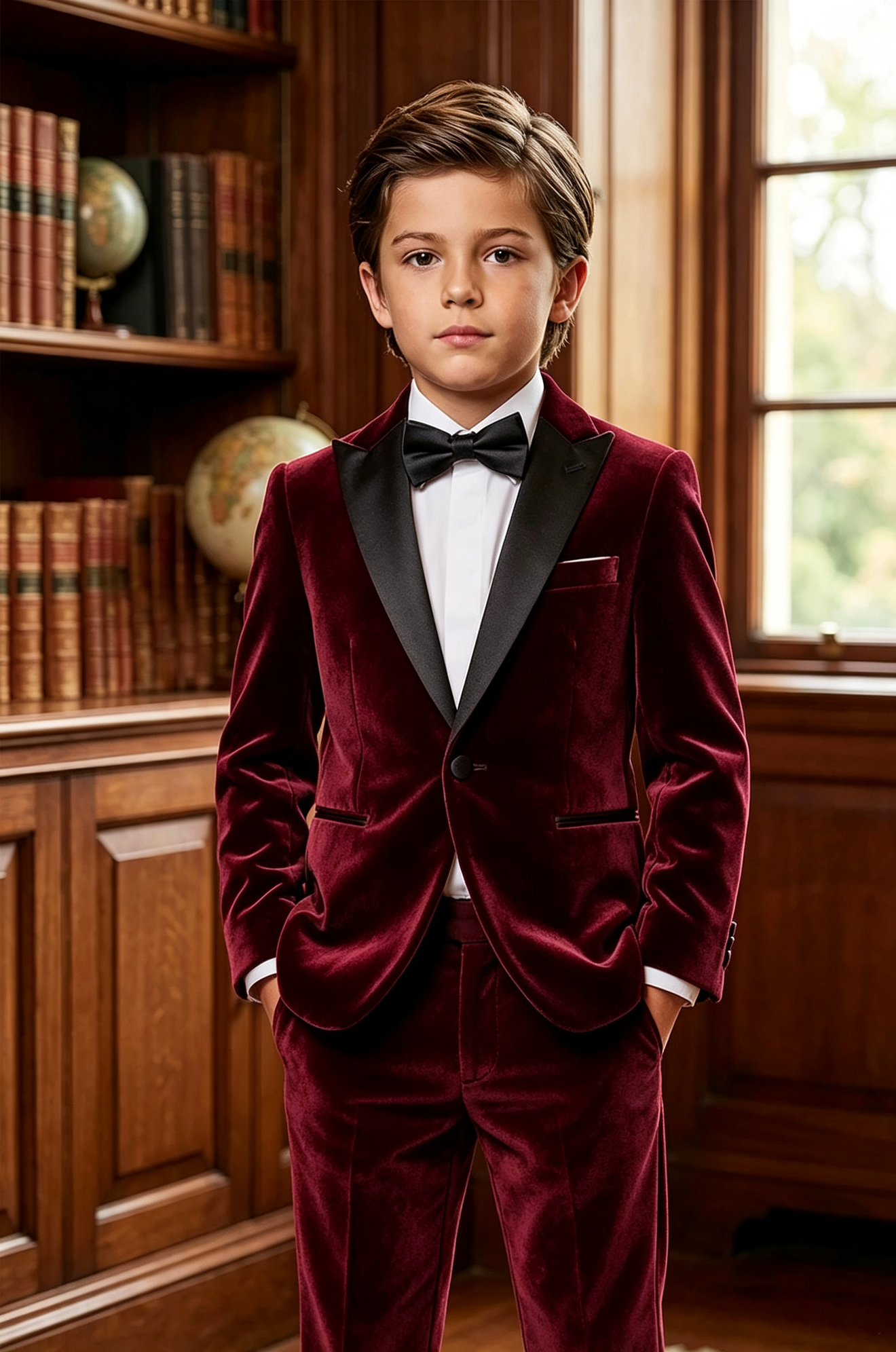 Burgundy Velvet Boys 2‑Piece Suit with Black Matte Satin Lapels