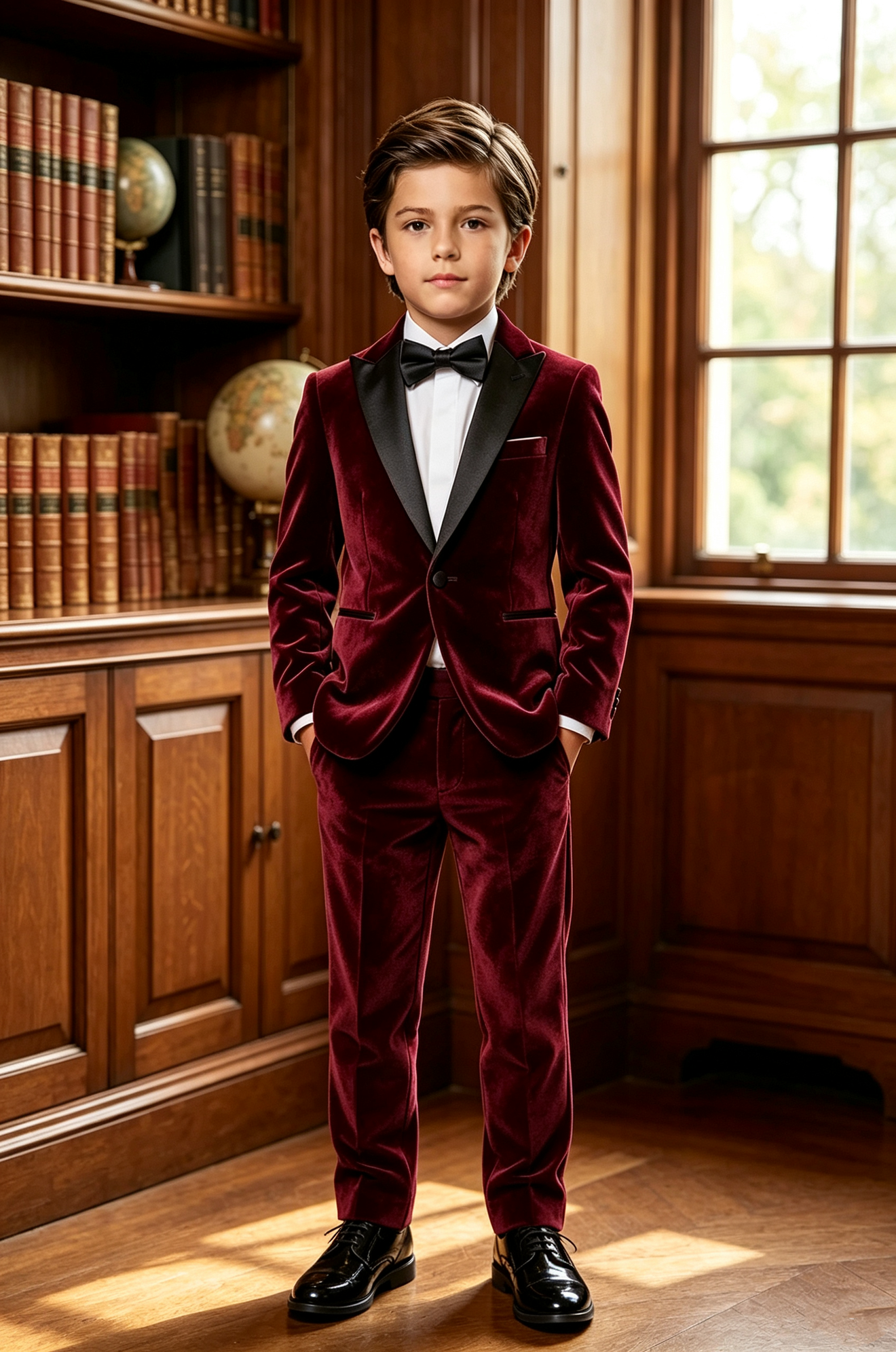 Burgundy Velvet Boys 2‑Piece Suit with Black Matte Satin Lapels