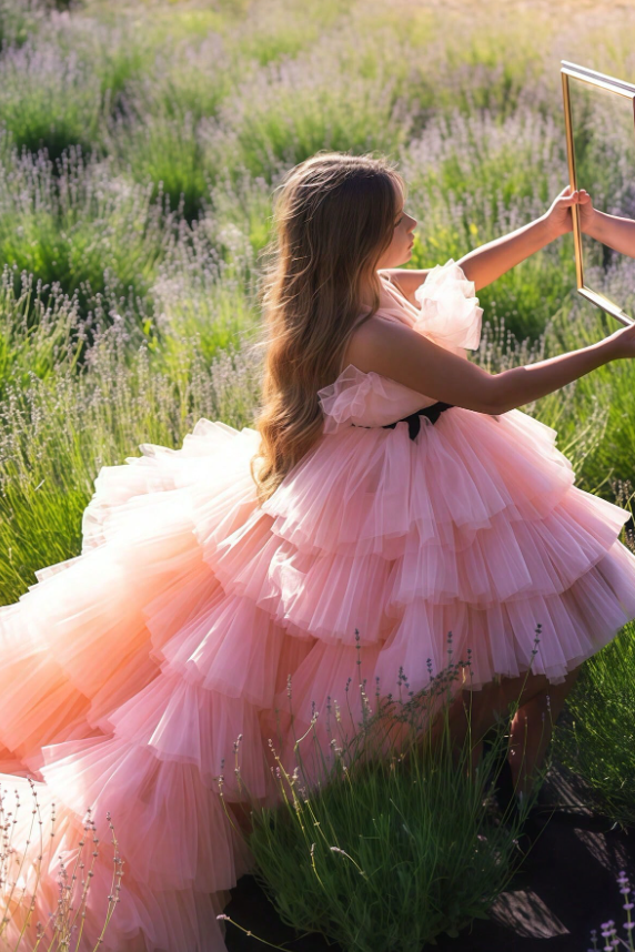 Pink Tulle Tiered Long‑Train Girl Formal Shoulder Floor‑Length Pageant Dress