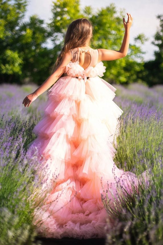 Pink Tulle Tiered Long‑Train Girl Formal Shoulder Floor‑Length Pageant Dress
