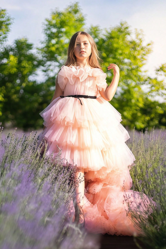 Pink Tulle Tiered Long‑Train Girl Formal Shoulder Floor‑Length Pageant Dress