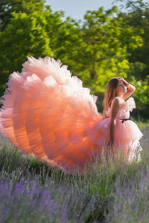 Pink Tulle Tiered Long‑Train Girl Formal Shoulder Floor‑Length Pageant Dress