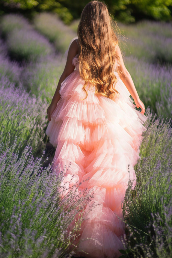 Pink Tulle Tiered Long‑Train Girl Formal Shoulder Floor‑Length Pageant Dress