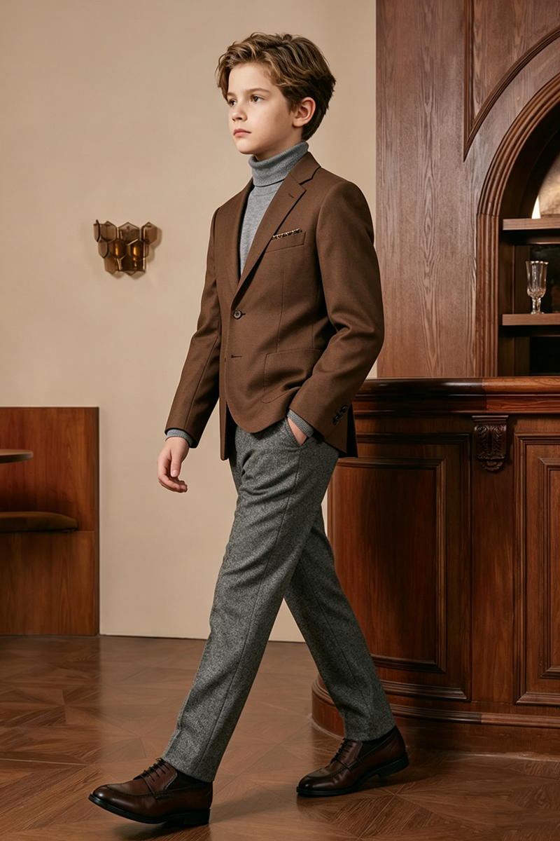 Boys Brown‑Grey with Notch Lapel 2-Piece Suit for Weddings